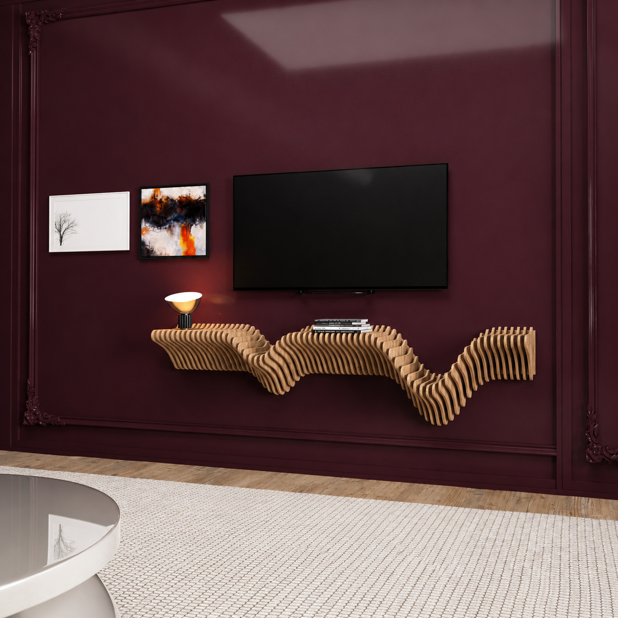 Modern Parametric Wall Shelf – Sculptural Floating MDF TV Stand & Console