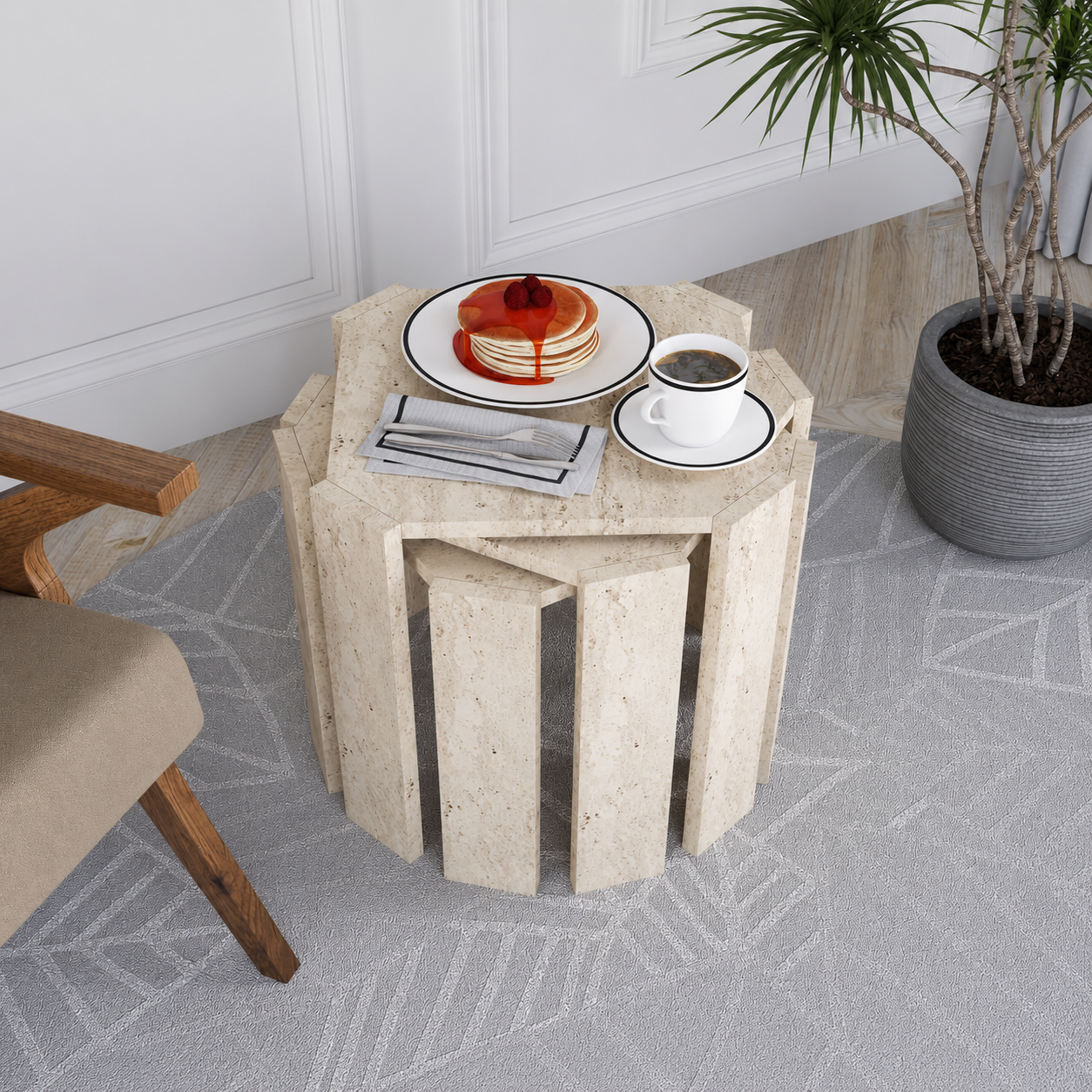 Travertine-Look Nesting Coffee Table Set of 3 | Modern Side Tables