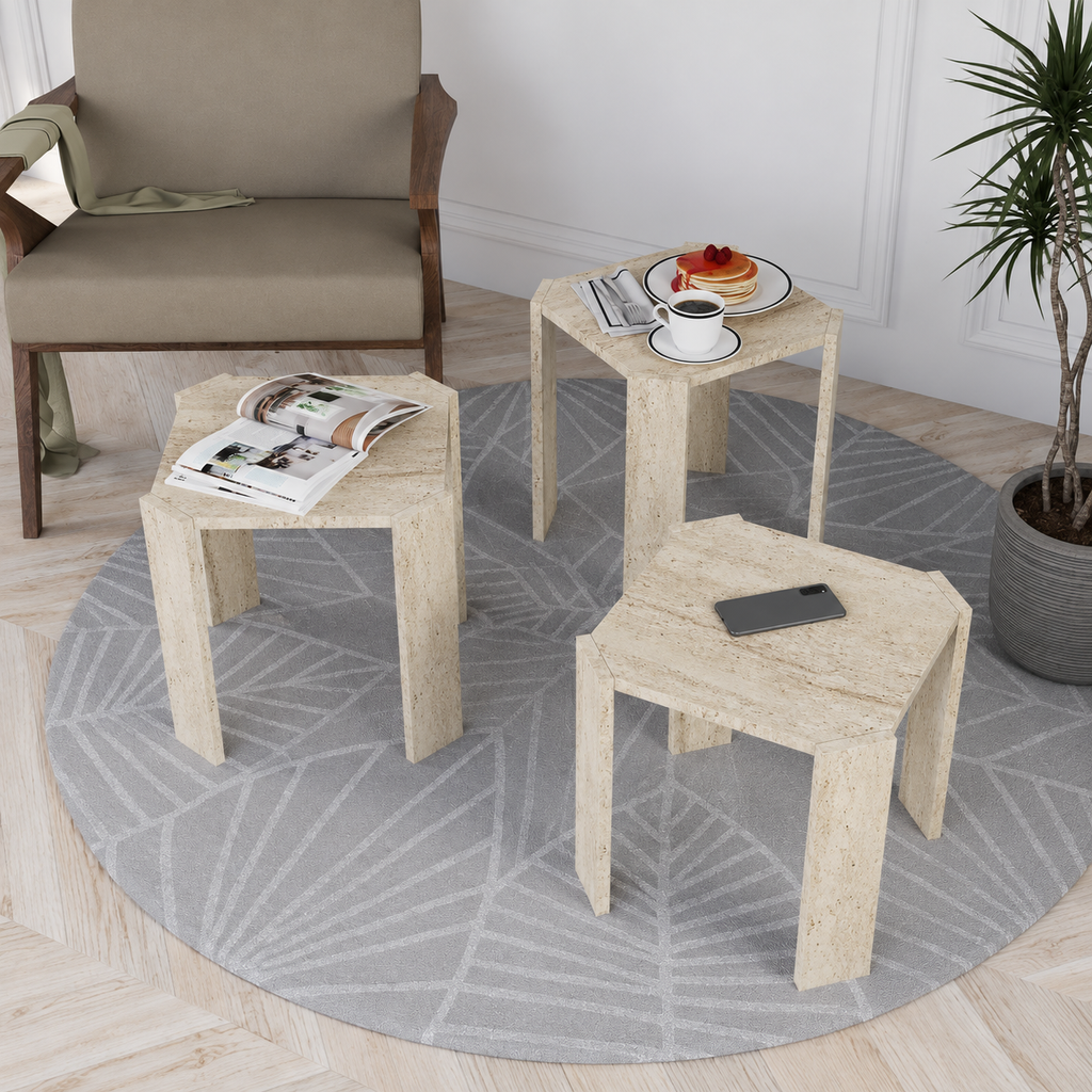 Travertine-Look Nesting Coffee Table Set of 3 | Modern Side Tables