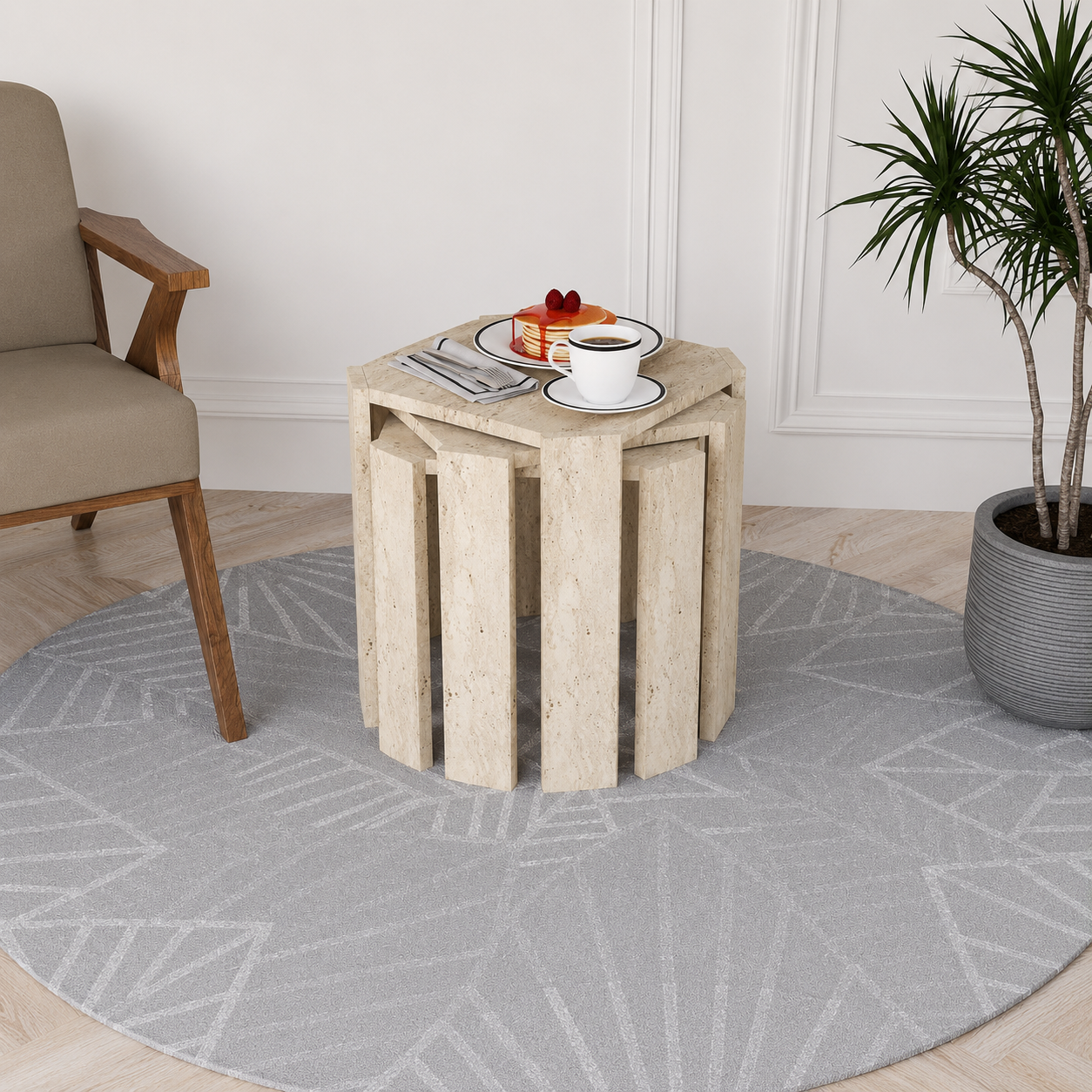 Travertine-Look Nesting Coffee Table Set of 3 | Modern Side Tables