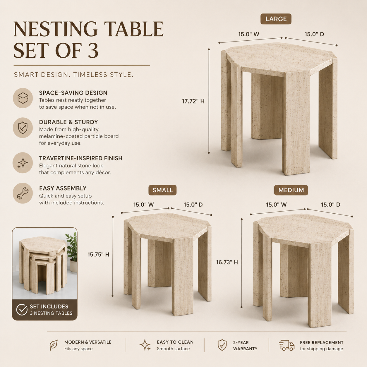 Travertine-Look Nesting Coffee Table Set of 3 | Modern Side Tables