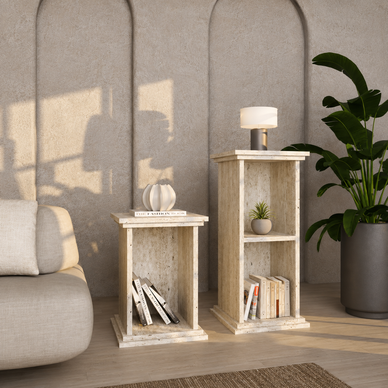 Set of 2 Column-Style Side Tables – Modern Bohemian Design with Travertine-Inspired Finish