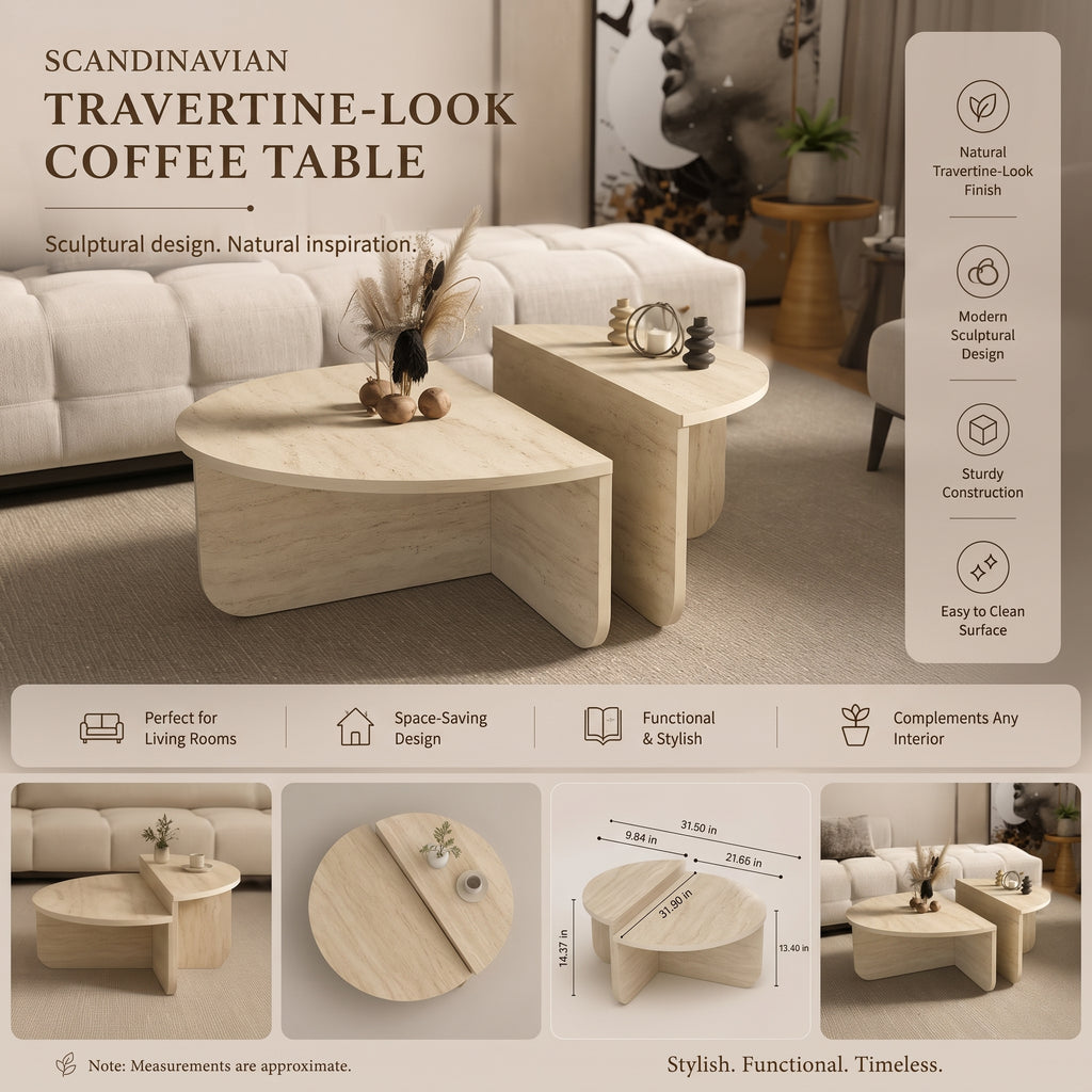 Scandinavian Nesting Coffee Table – Modern Travertine-Look Design
