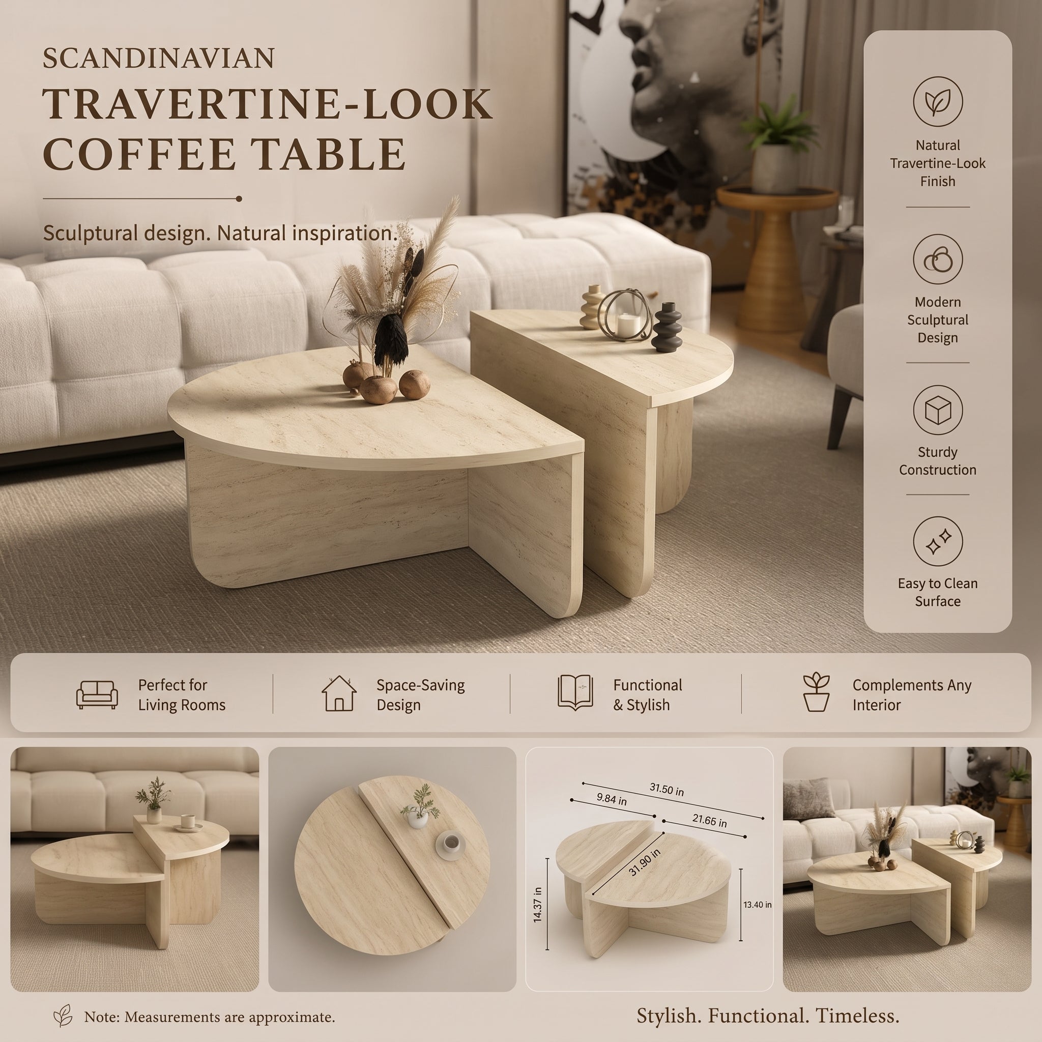 Scandinavian Nesting Coffee Table – Modern Travertine-Look Design