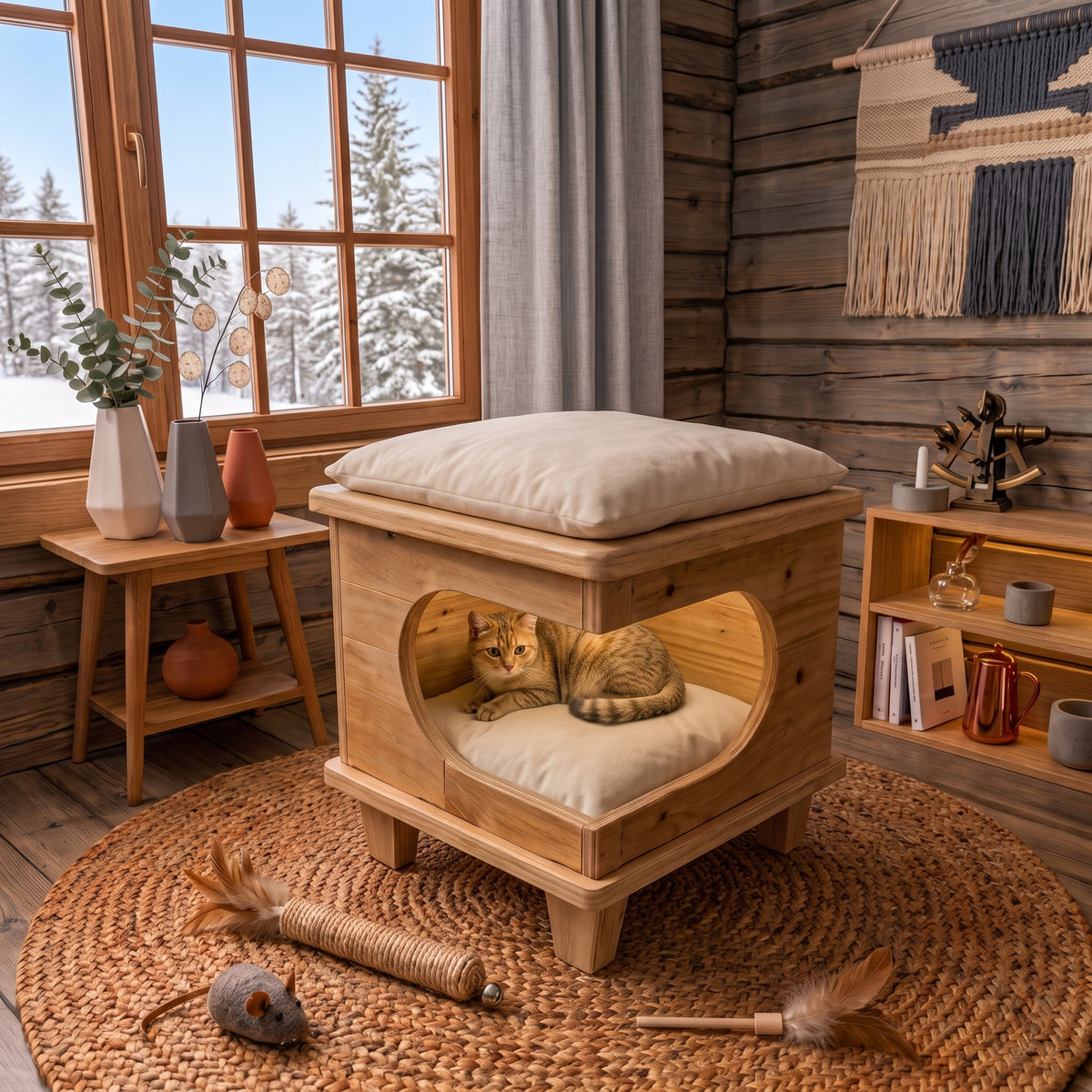 2-in-1 Personalized Natural Wood Cat House & Stool – Poplar Wood Cat Bed with Lambswool Cushions