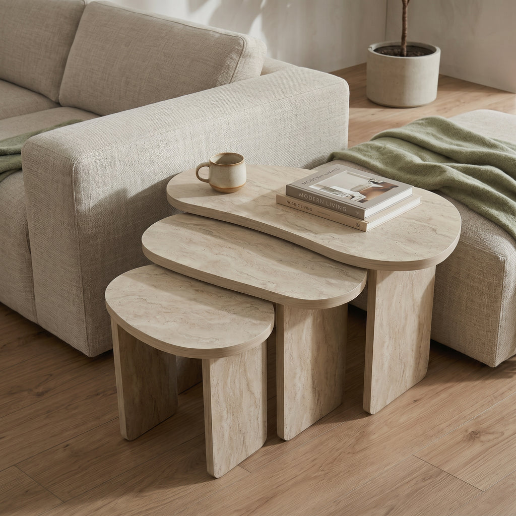 Travertine-Look Nesting Coffee Table Set of 3 – Modern Side Tables