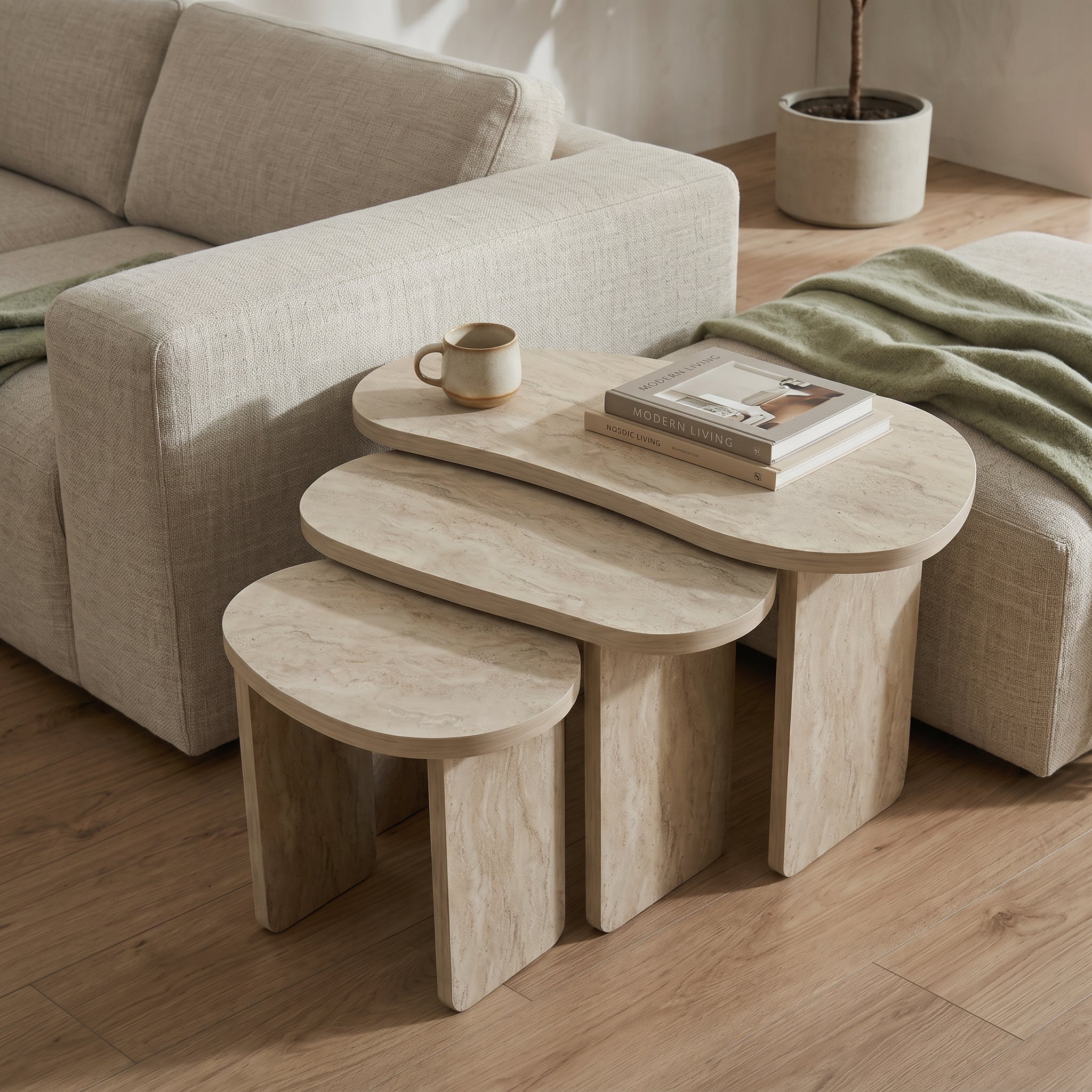 Travertine-Look Nesting Coffee Table Set of 3 – Modern Side Tables