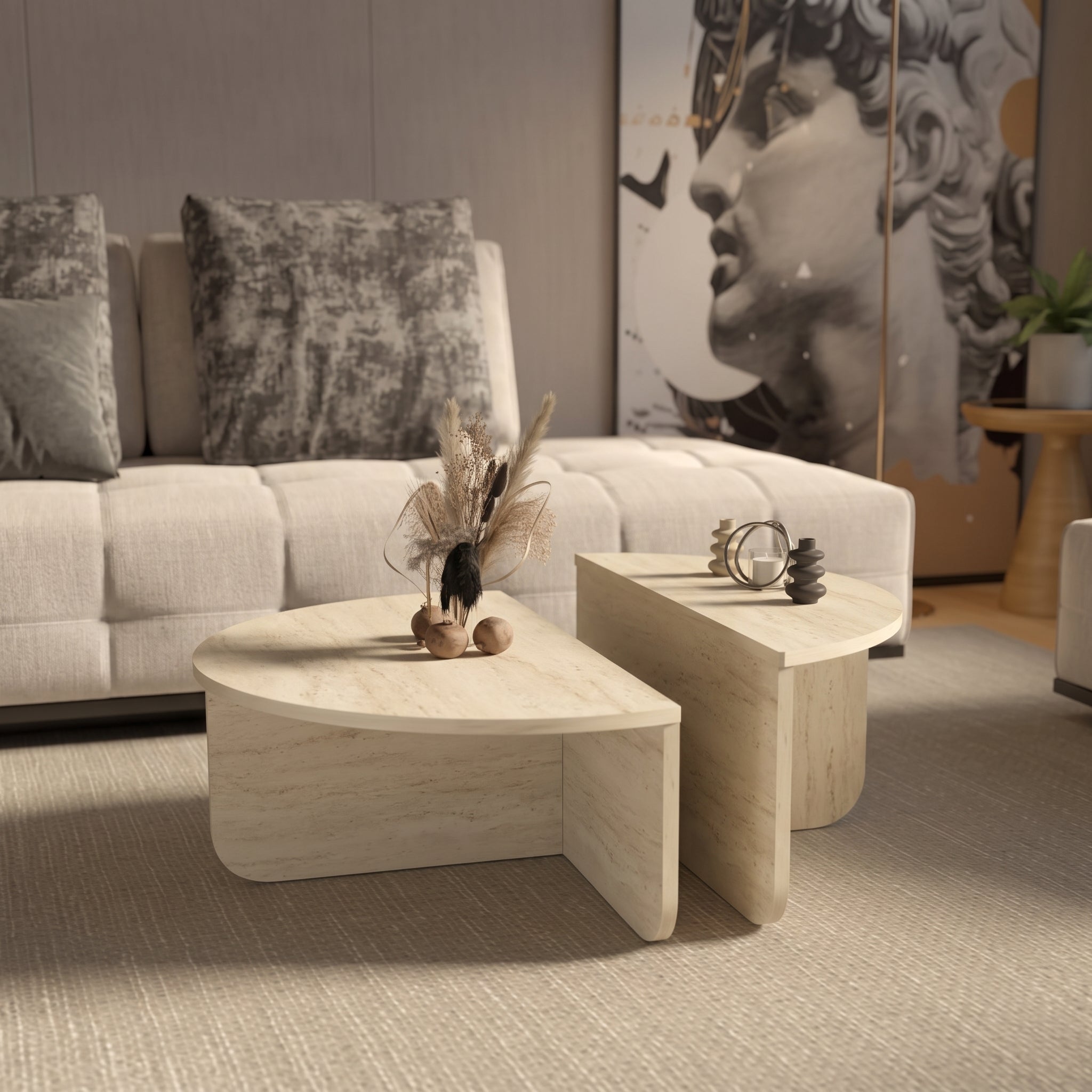 Scandinavian Nesting Coffee Table – Modern Travertine-Look Design