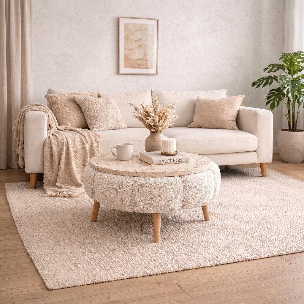 Modern Decorative Living Room Coffee Table with Round Tabletop and Pouf-Style Base