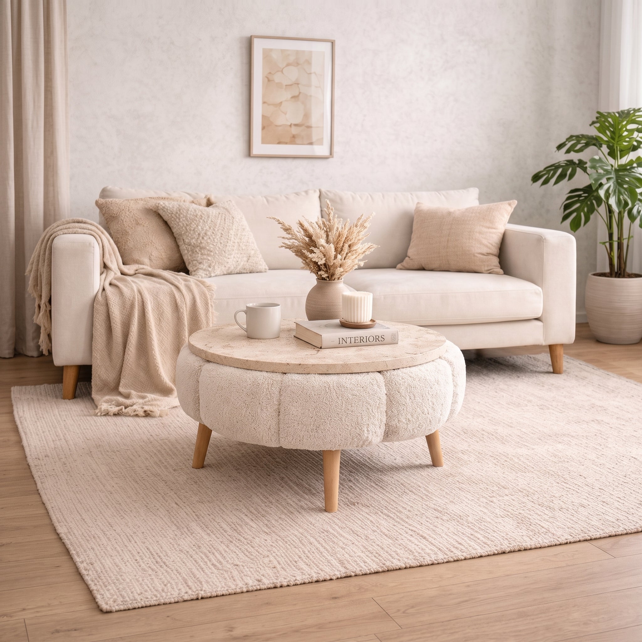 Modern Decorative Living Room Coffee Table with Round Tabletop and Pouf-Style Base