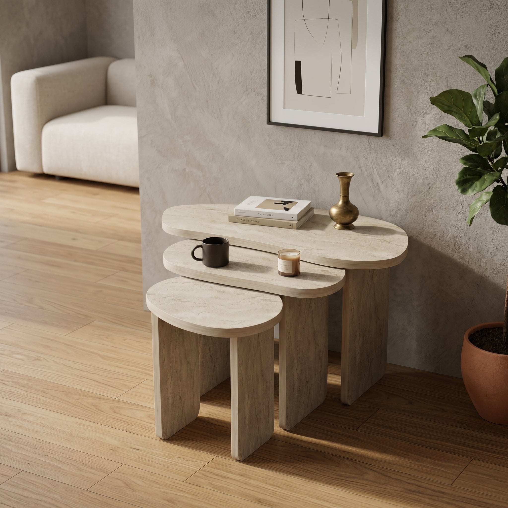 Travertine-Look Nesting Coffee Table Set of 3 – Modern Side Tables