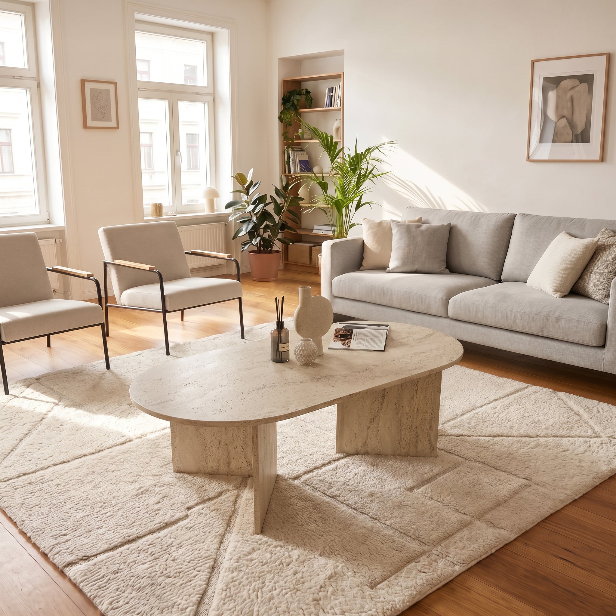 Travertine Effect Elliptical Coffee Table | Modern Living Room Table