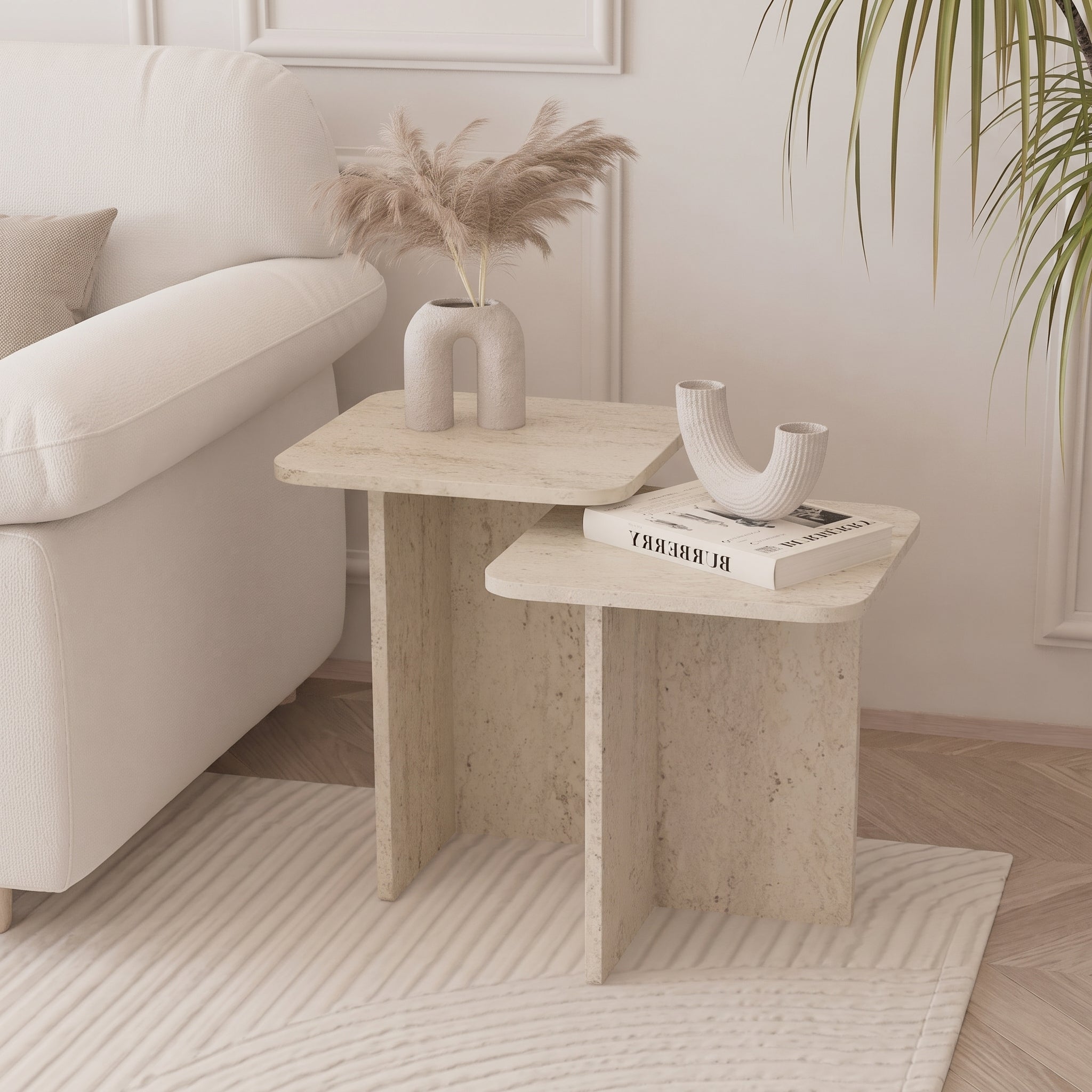 Square Travertine-Look Nesting Coffee Table Set of 2 – Modern Side Tables