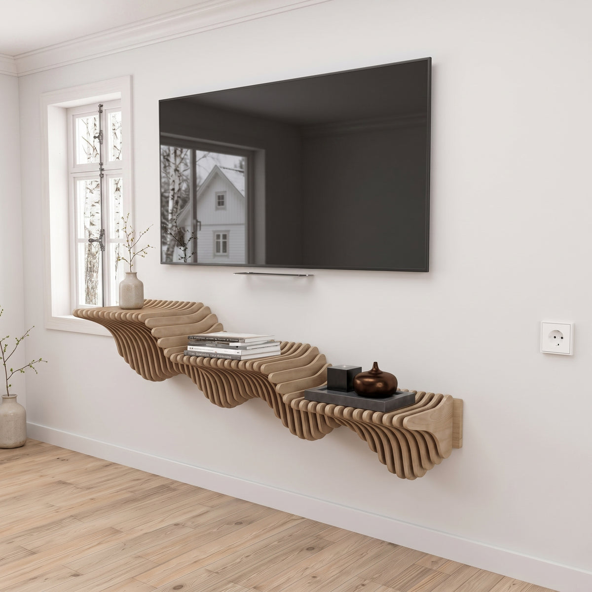 Parametric Modern TV Stand – Sculptural Floating Wall Shelf