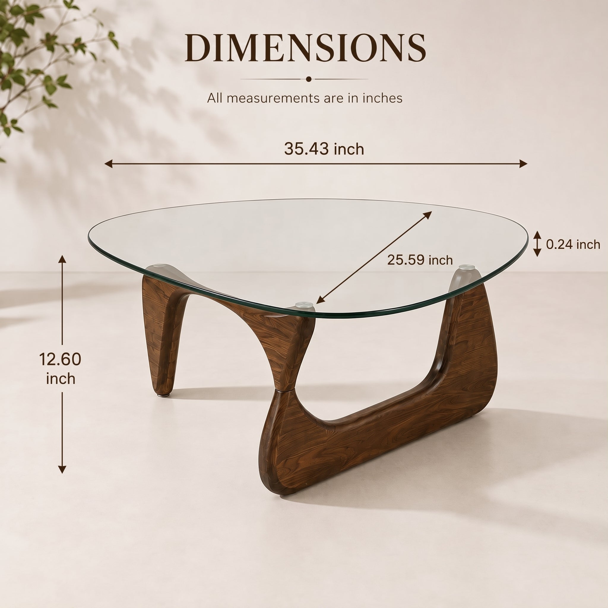 Organic Shape Tempered Glass Coffee Table | Walnut-Colored Wooden Base