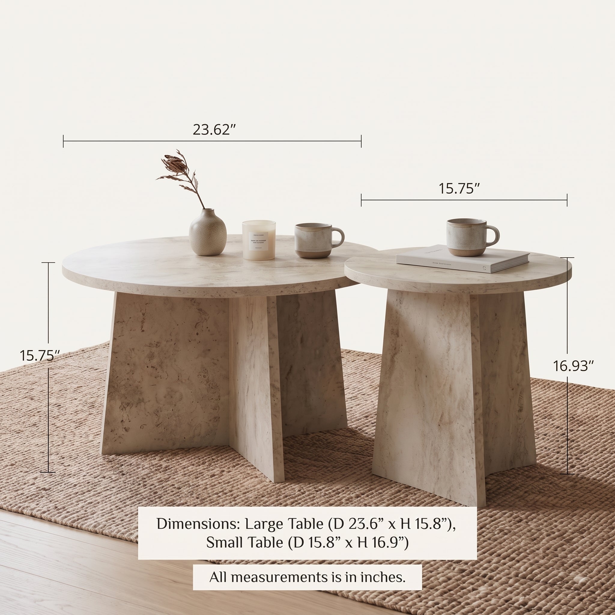 Set of 2 Round Coffee Tables | Travertine Effect Modern Living Room Tables