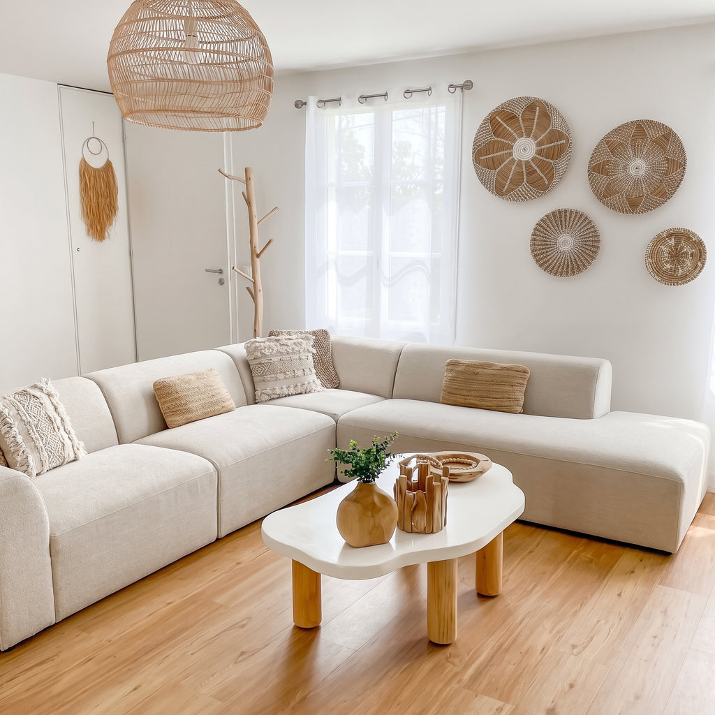 Modern White Organic Coffee Table with Natural Wood Legs