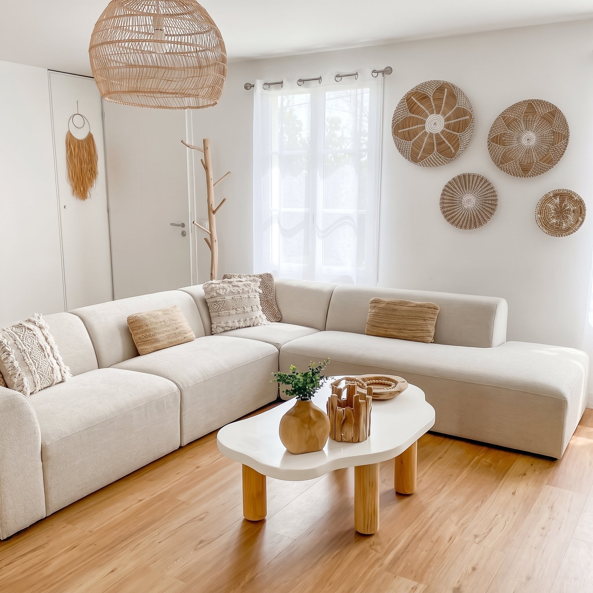Modern White Organic Coffee Table with Natural Wood Legs