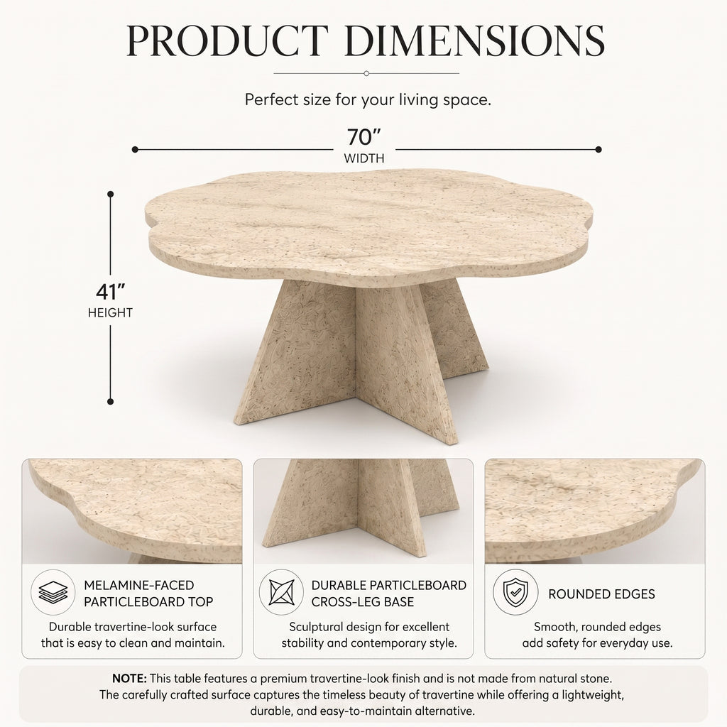 Flower-Shaped Travertine Look Coffee Table – Modern Sculptural Accent Table