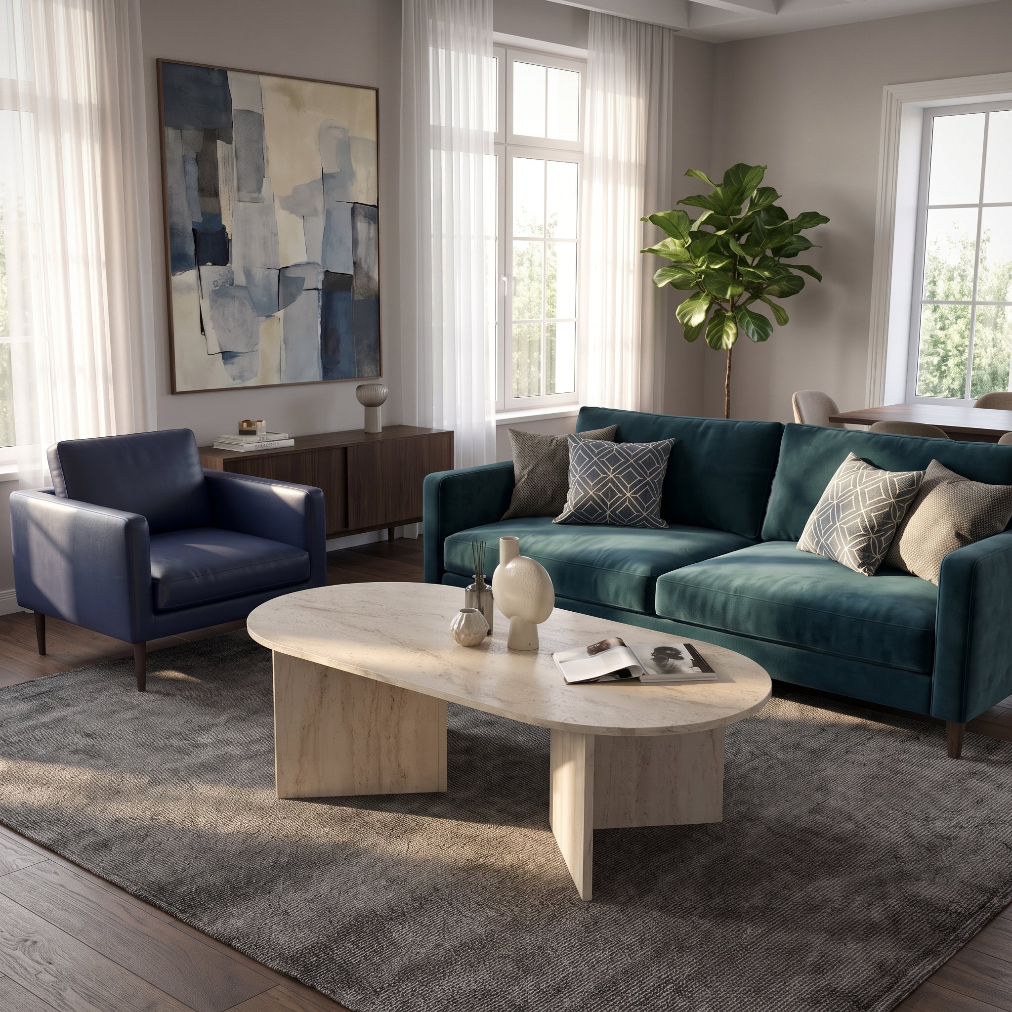 Travertine Effect Elliptical Coffee Table | Modern Living Room Table