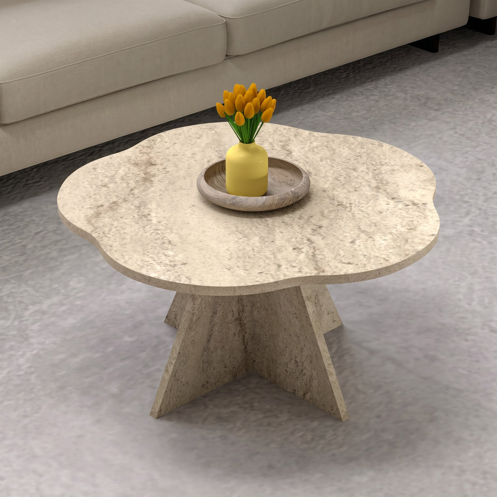 Flower-Shaped Travertine Look Coffee Table – Modern Sculptural Accent Table