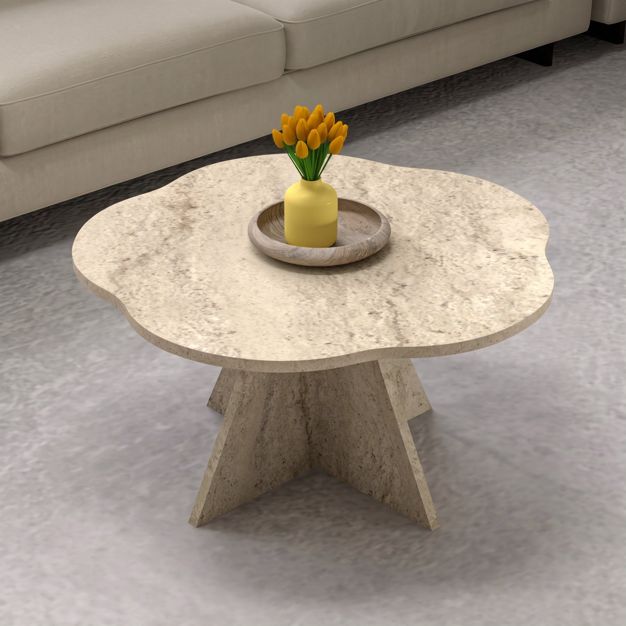 Flower-Shaped Travertine Look Coffee Table – Modern Sculptural Accent Table