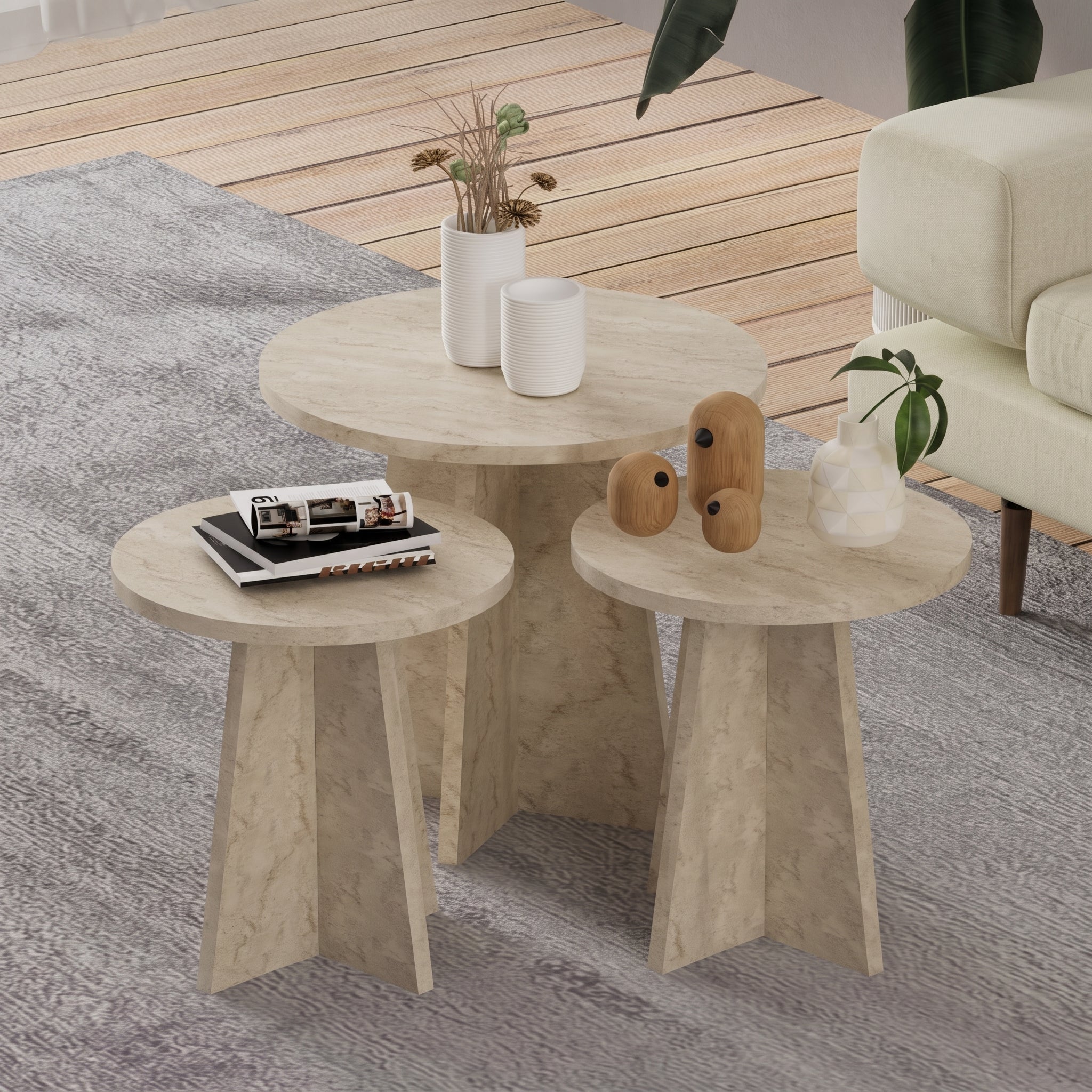 Scandinavian-Style Travertine-Look Mushroom Coffee Table Set – 3-Piece