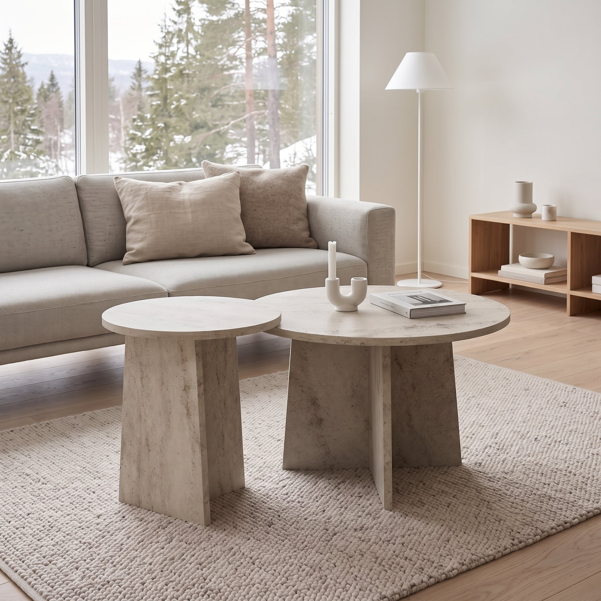 Set of 2 Round Coffee Tables | Travertine Effect Modern Living Room Tables