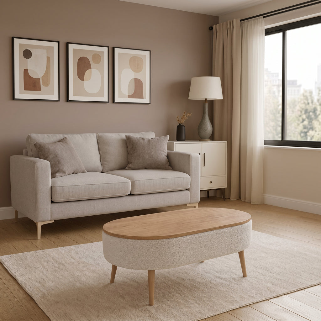Oval Storage Coffee Table with Wooden Legs & Teddy Fabric Upholstery