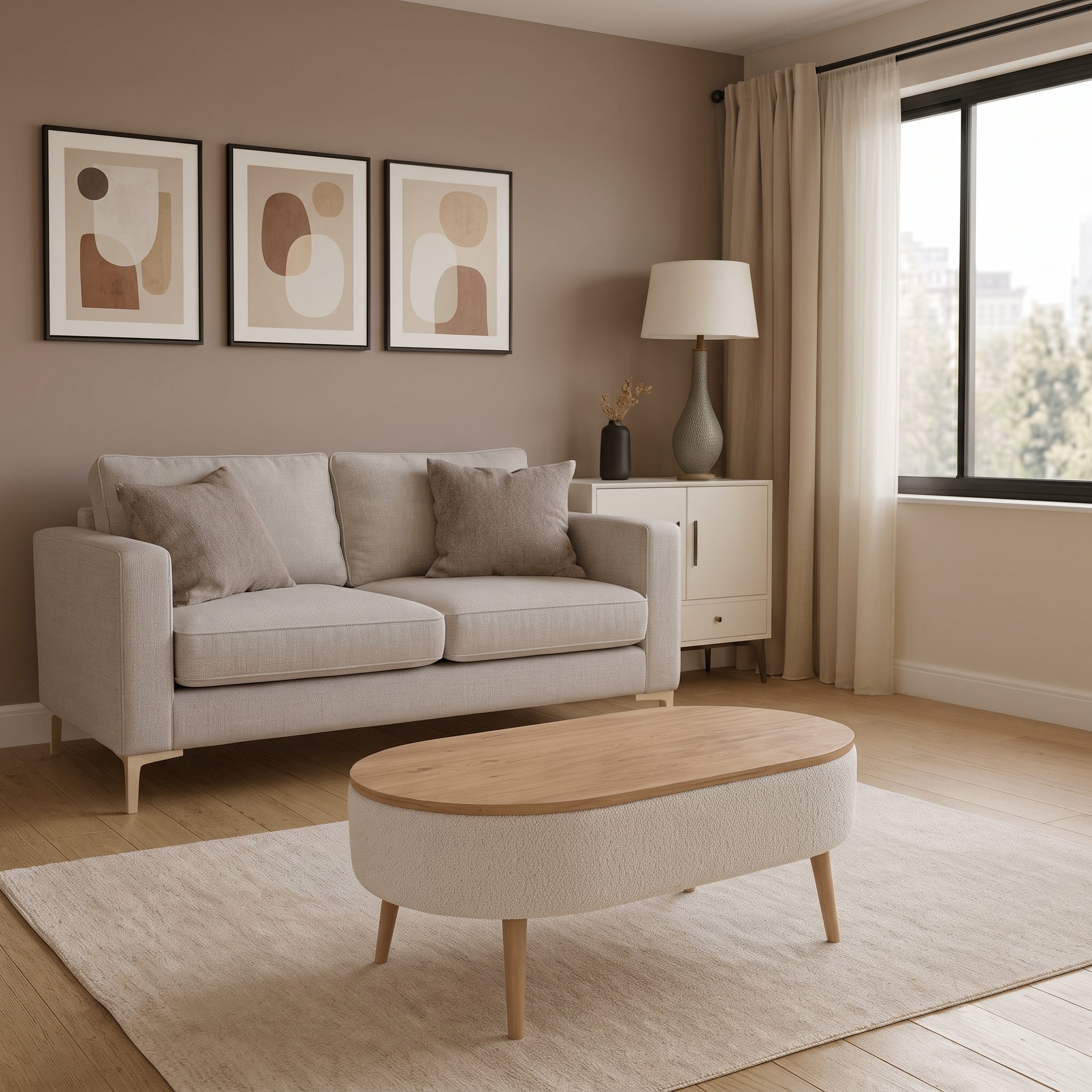 Oval Storage Coffee Table with Wooden Legs & Teddy Fabric Upholstery