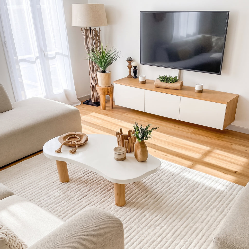 Modern White Organic Coffee Table with Natural Wood Legs