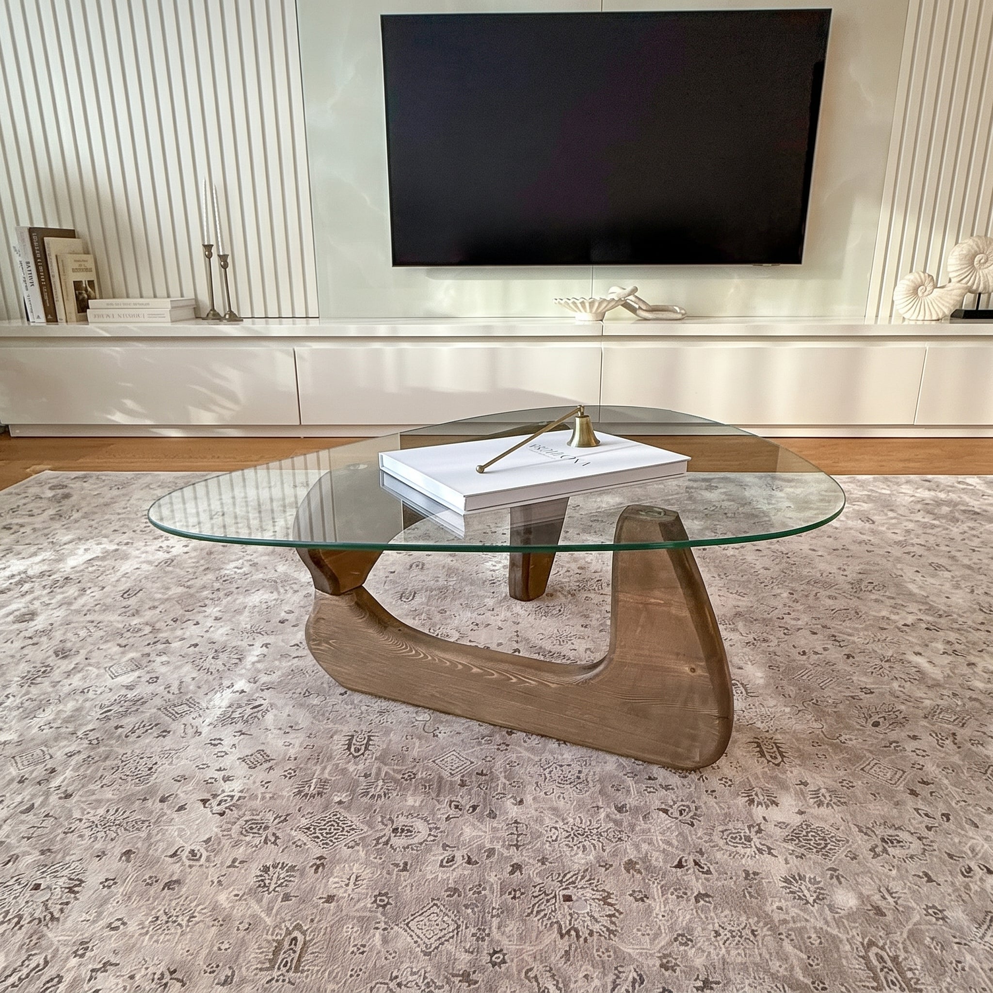 Organic Shape Tempered Glass Coffee Table | Walnut-Colored Wooden Base