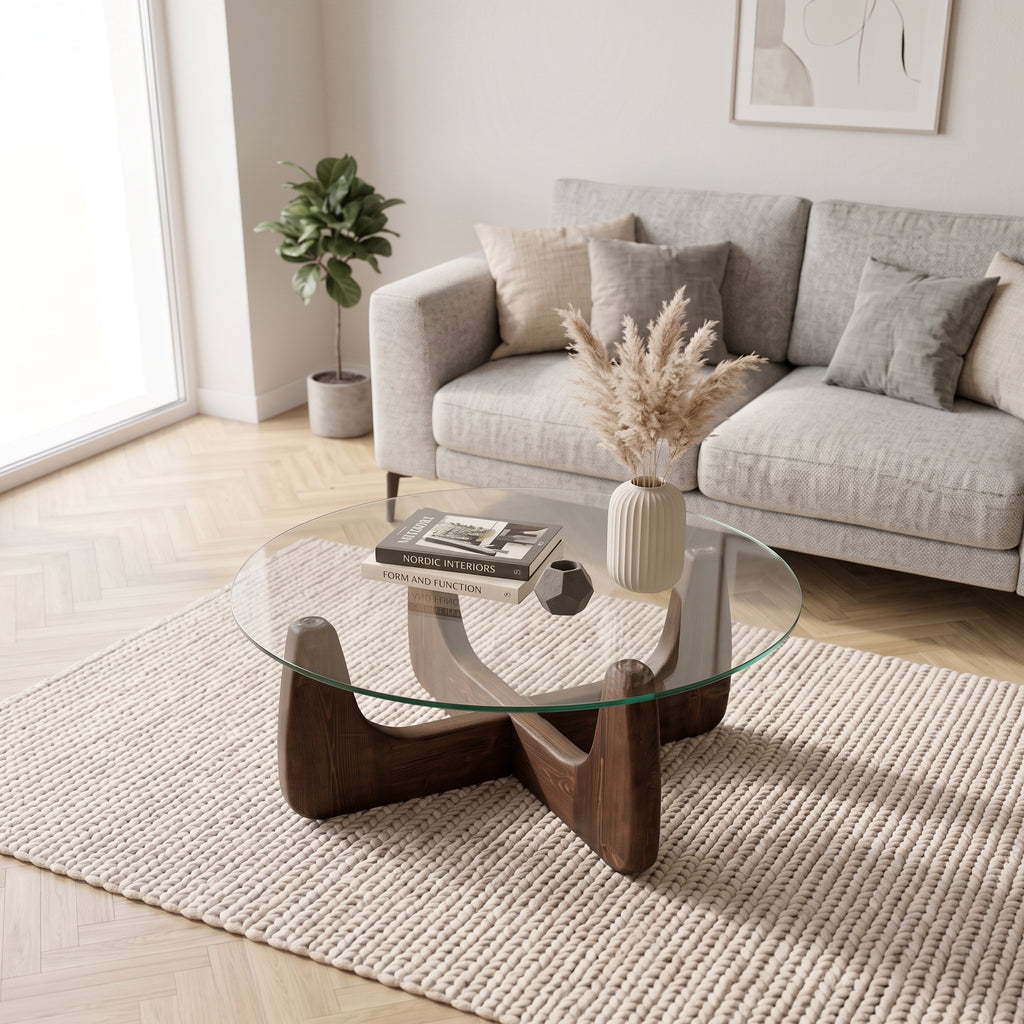 Round Tempered Glass Coffee Table | Walnut-Colored Wooden Base