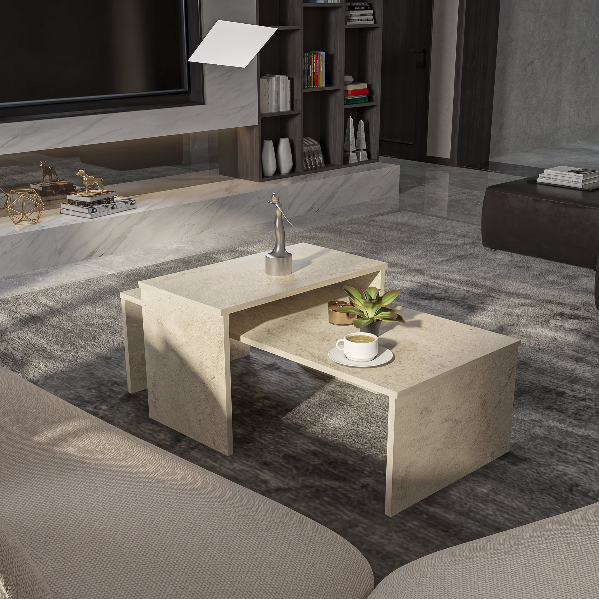 Set of 2 Coffee Tables | Travertine Living Room Table