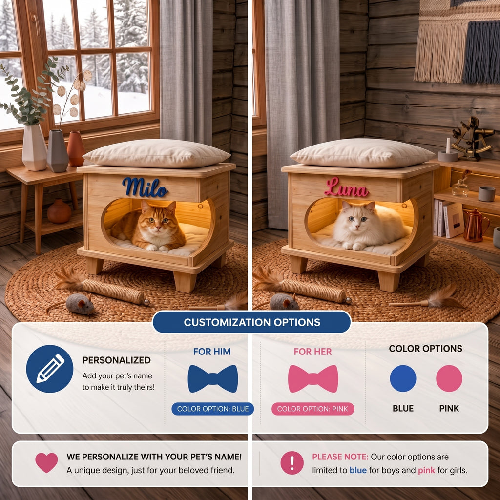 2-in-1 Personalized Natural Wood Cat House & Stool – Poplar Wood Cat Bed with Lambswool Cushions