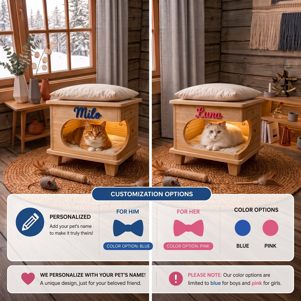 2-in-1 Personalized Natural Wood Cat House & Stool – Poplar Wood Cat Bed with Lambswool Cushions