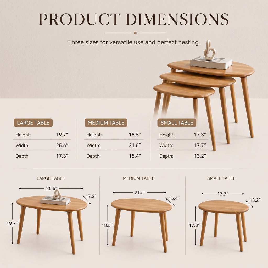 Solid Wood Nesting Coffee Table Set of 3 – Mid-Century Modern Side Tables