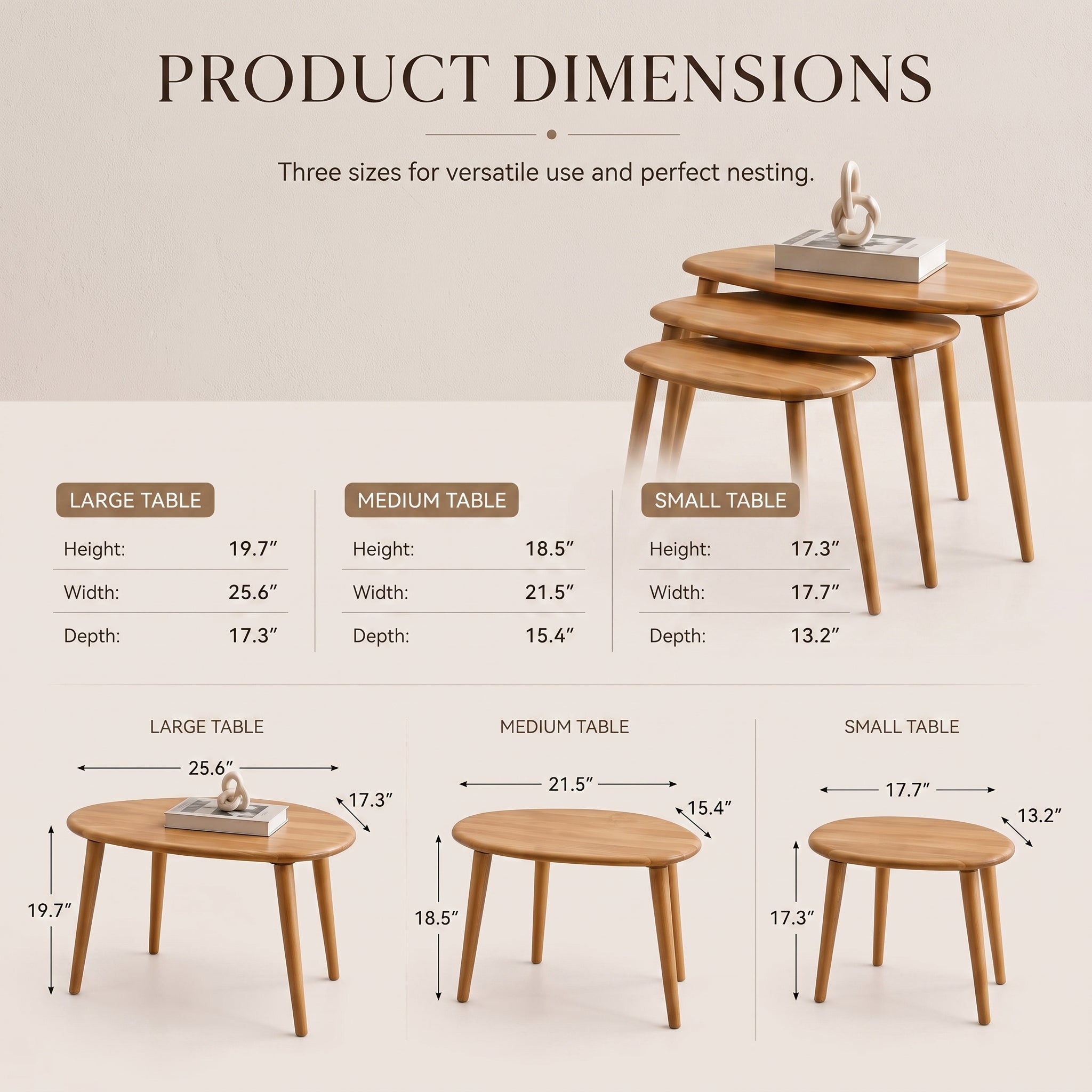 Solid Wood Nesting Coffee Table Set of 3 – Mid-Century Modern Side Tables