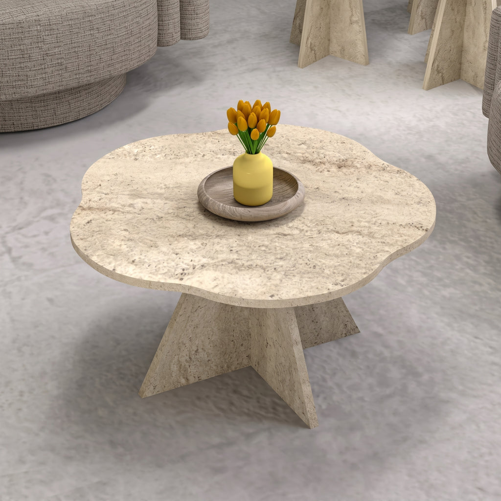 Flower-Shaped Travertine Look Coffee Table – Modern Sculptural Accent Table