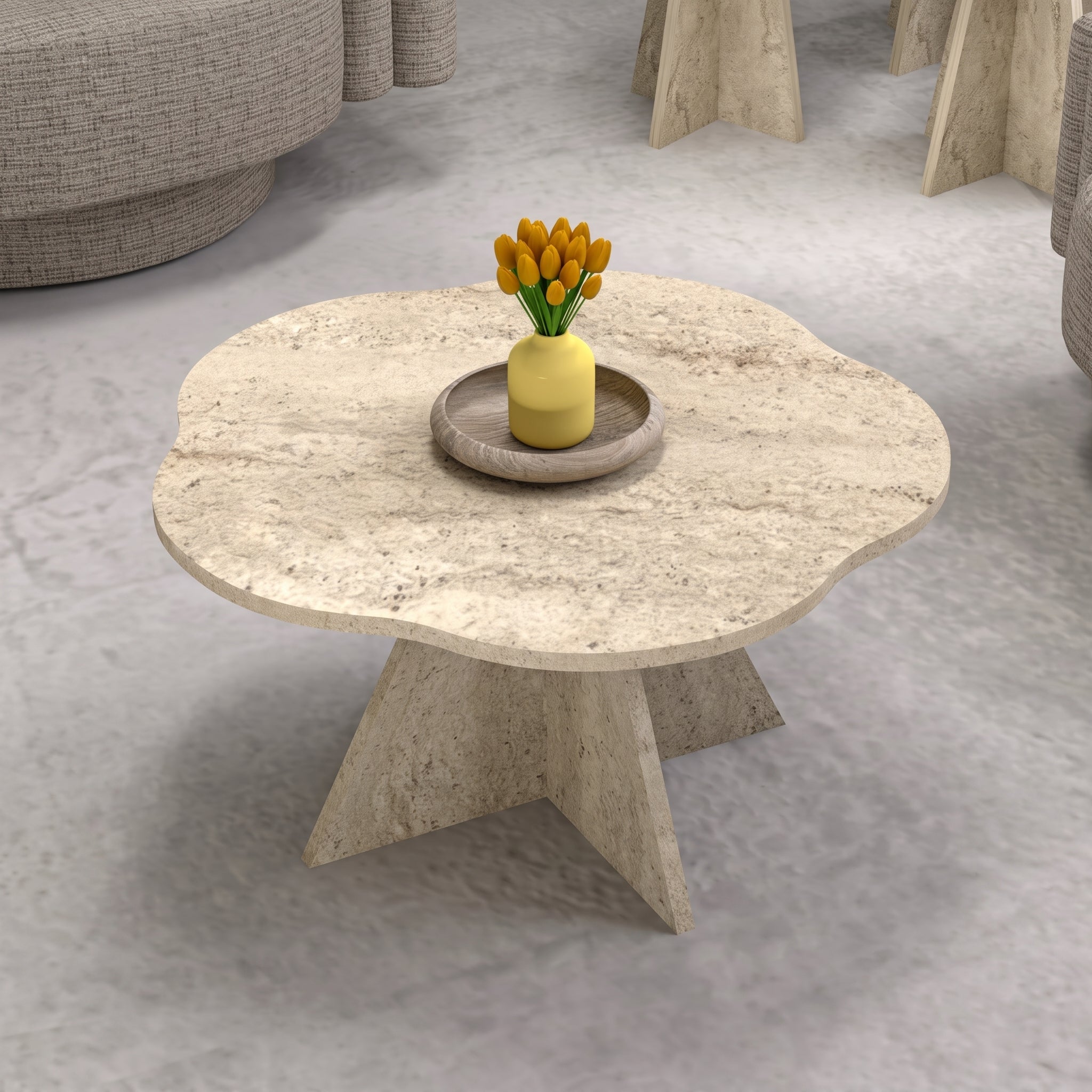Flower-Shaped Travertine Look Coffee Table – Modern Sculptural Accent Table