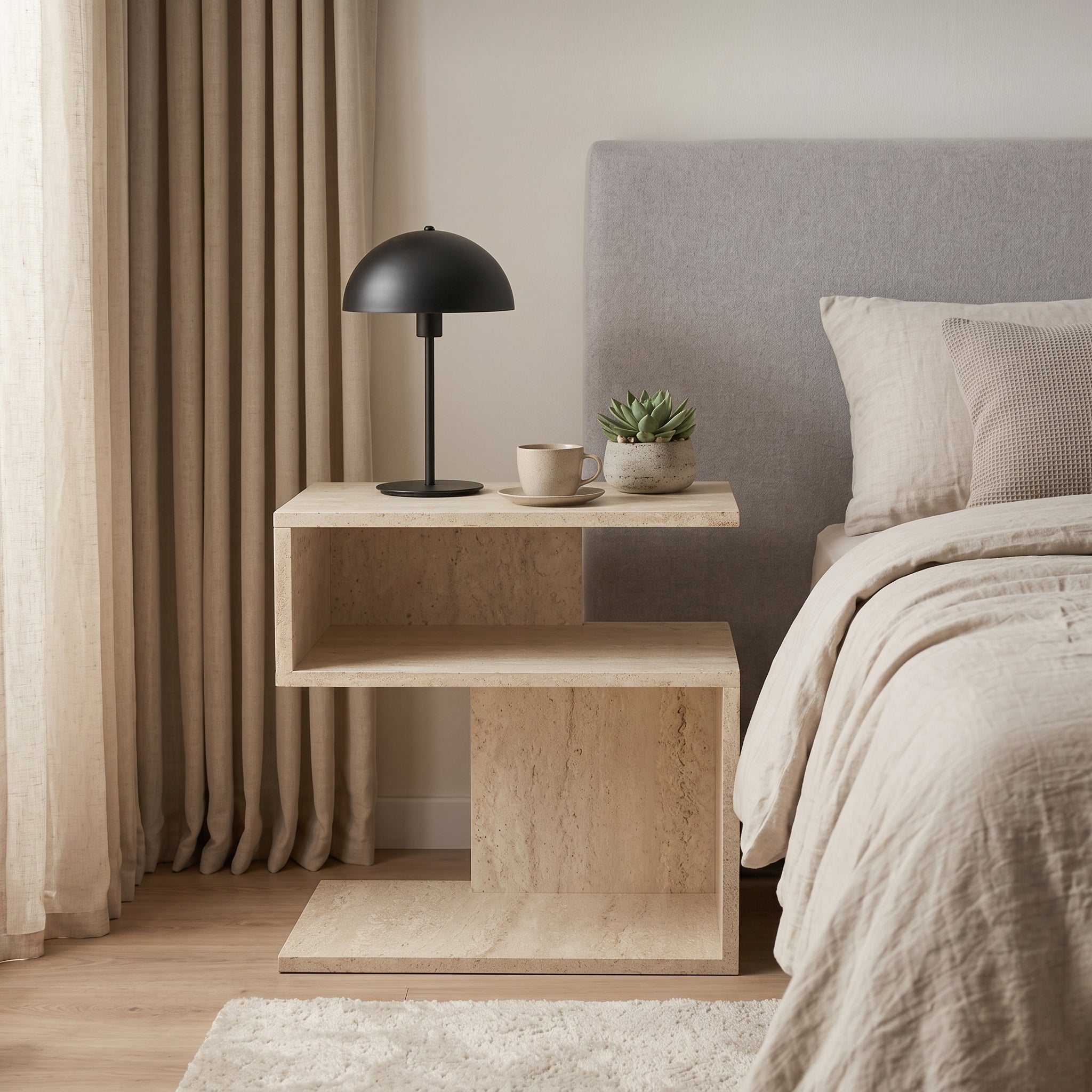 Scandinavian Travertine-Look C-Shaped Nightstand with Open Shelf
