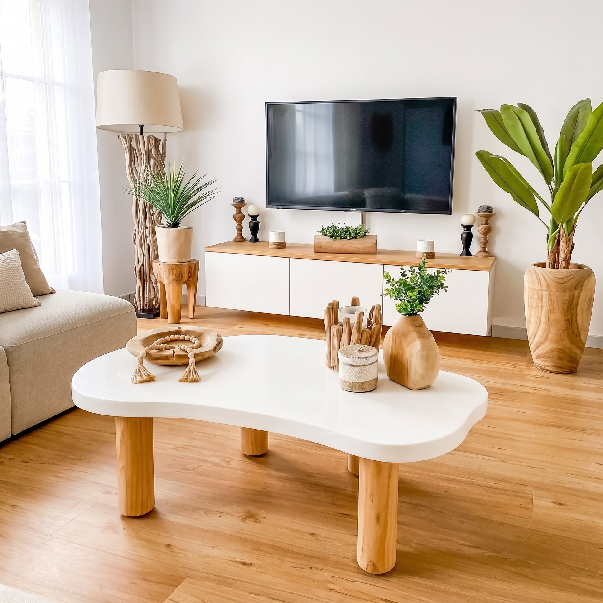 Modern White Organic Coffee Table with Natural Wood Legs