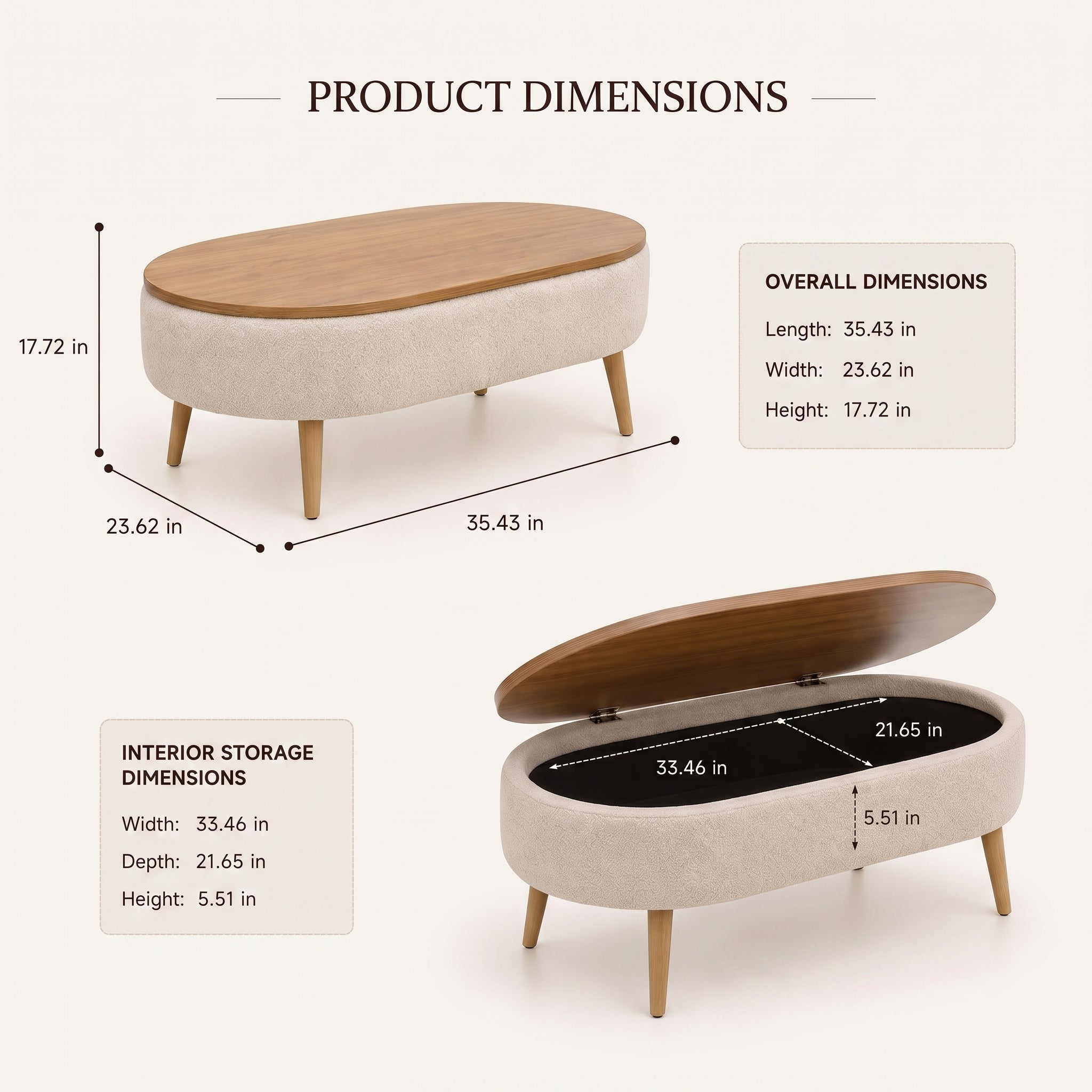 Oval Storage Coffee Table with Wooden Legs & Teddy Fabric Upholstery