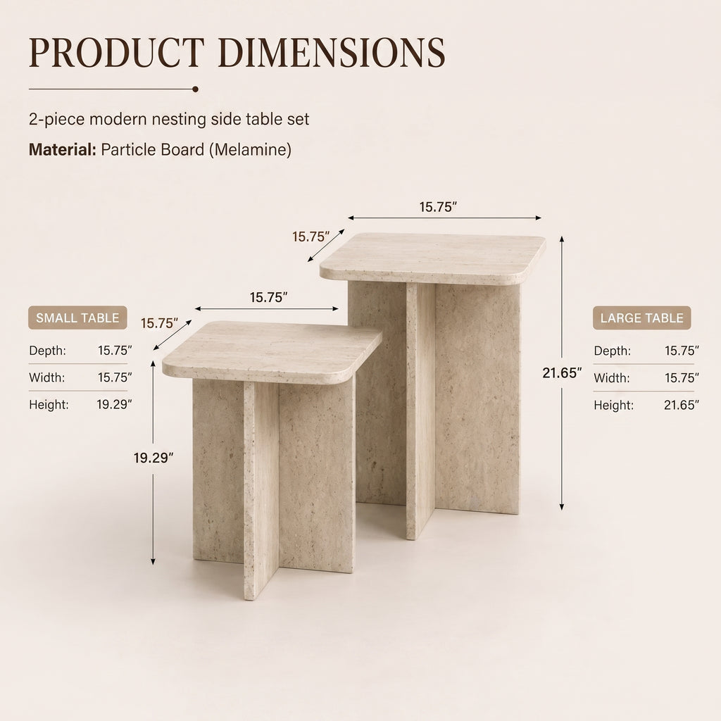 Square Travertine-Look Nesting Coffee Table Set of 2 – Modern Side Tables