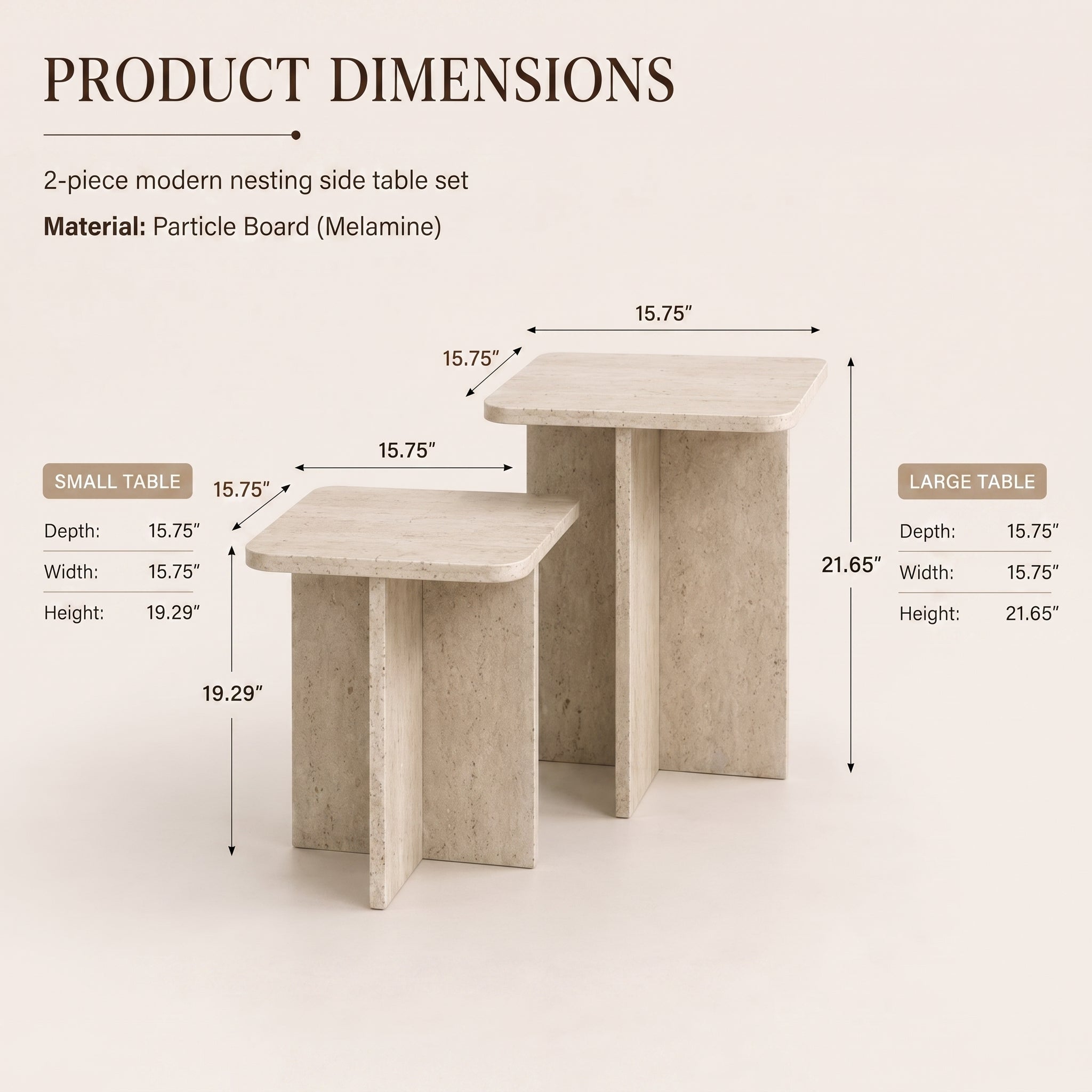 Square Travertine-Look Nesting Coffee Table Set of 2 – Modern Side Tables