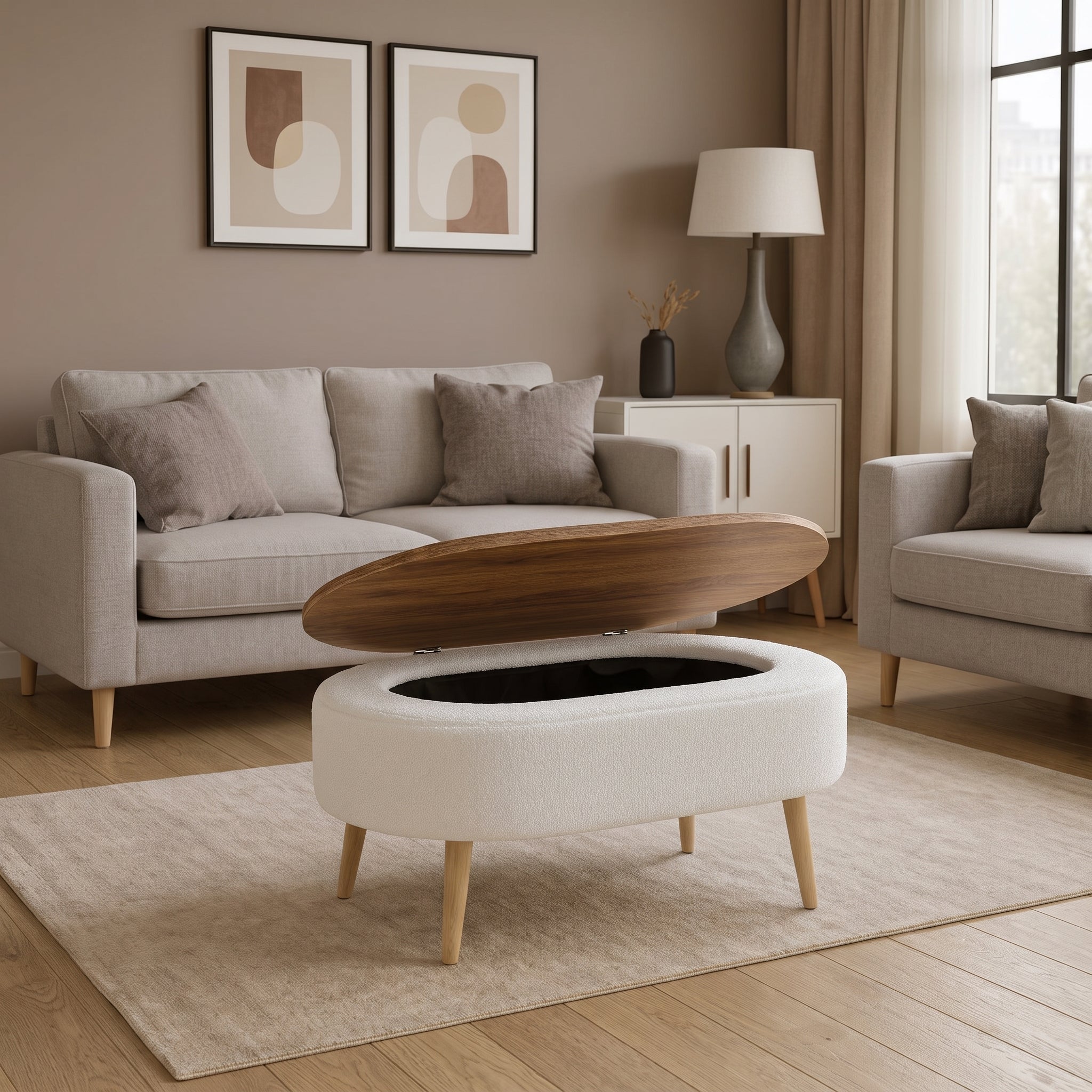 Oval Storage Coffee Table with Wooden Legs & Teddy Fabric Upholstery