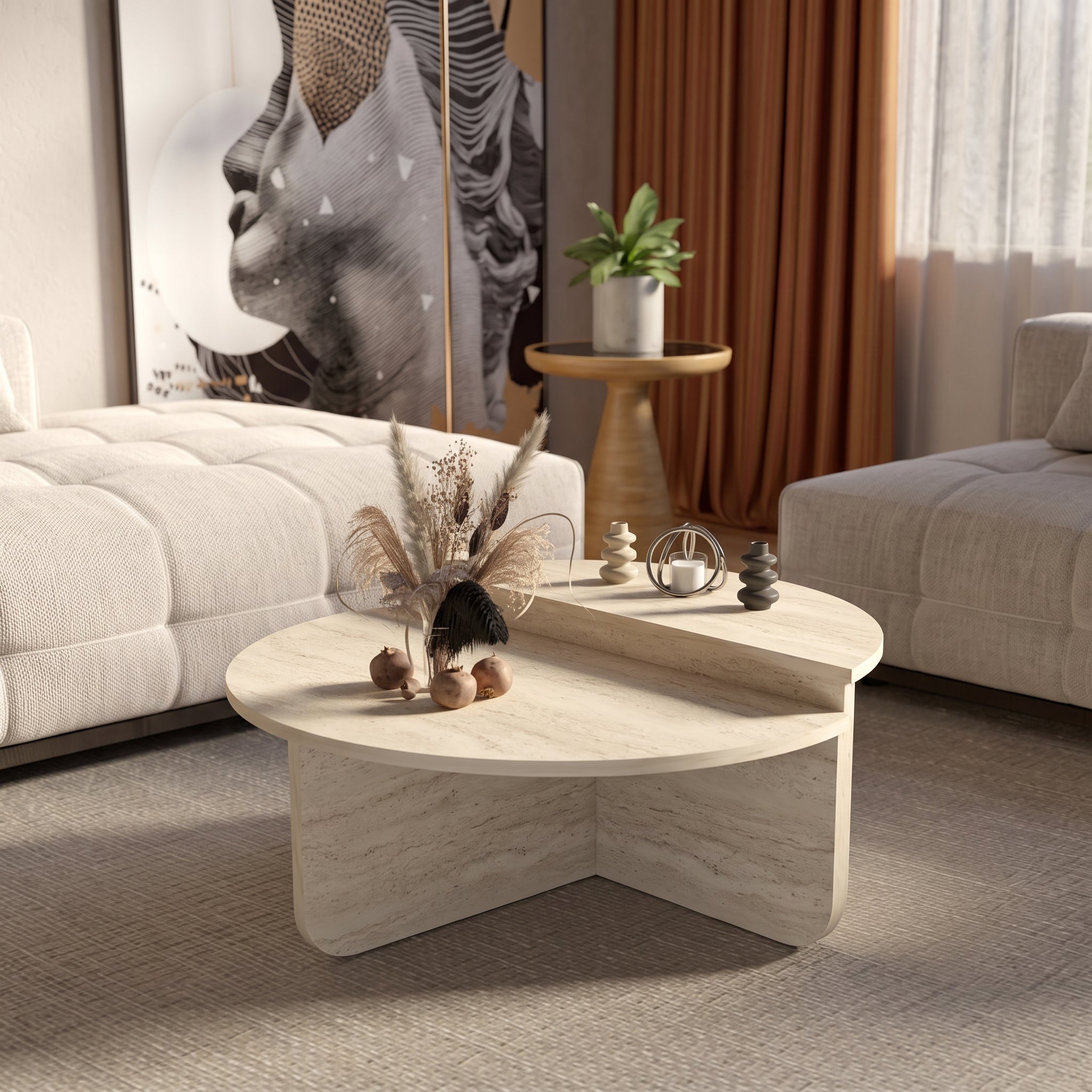 Scandinavian Nesting Coffee Table – Modern Travertine-Look Design