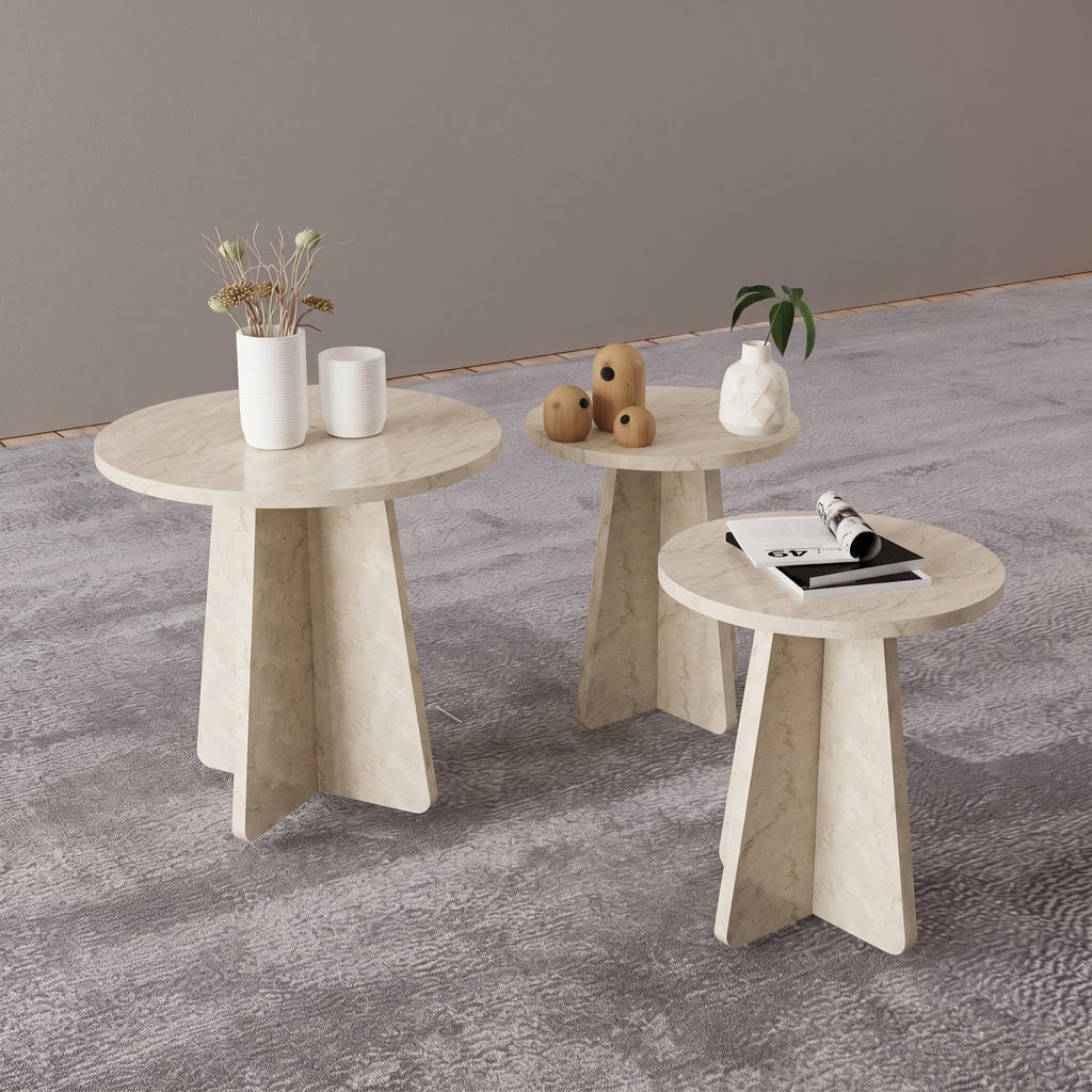 Scandinavian-Style Travertine-Look Mushroom Coffee Table Set – 3-Piece