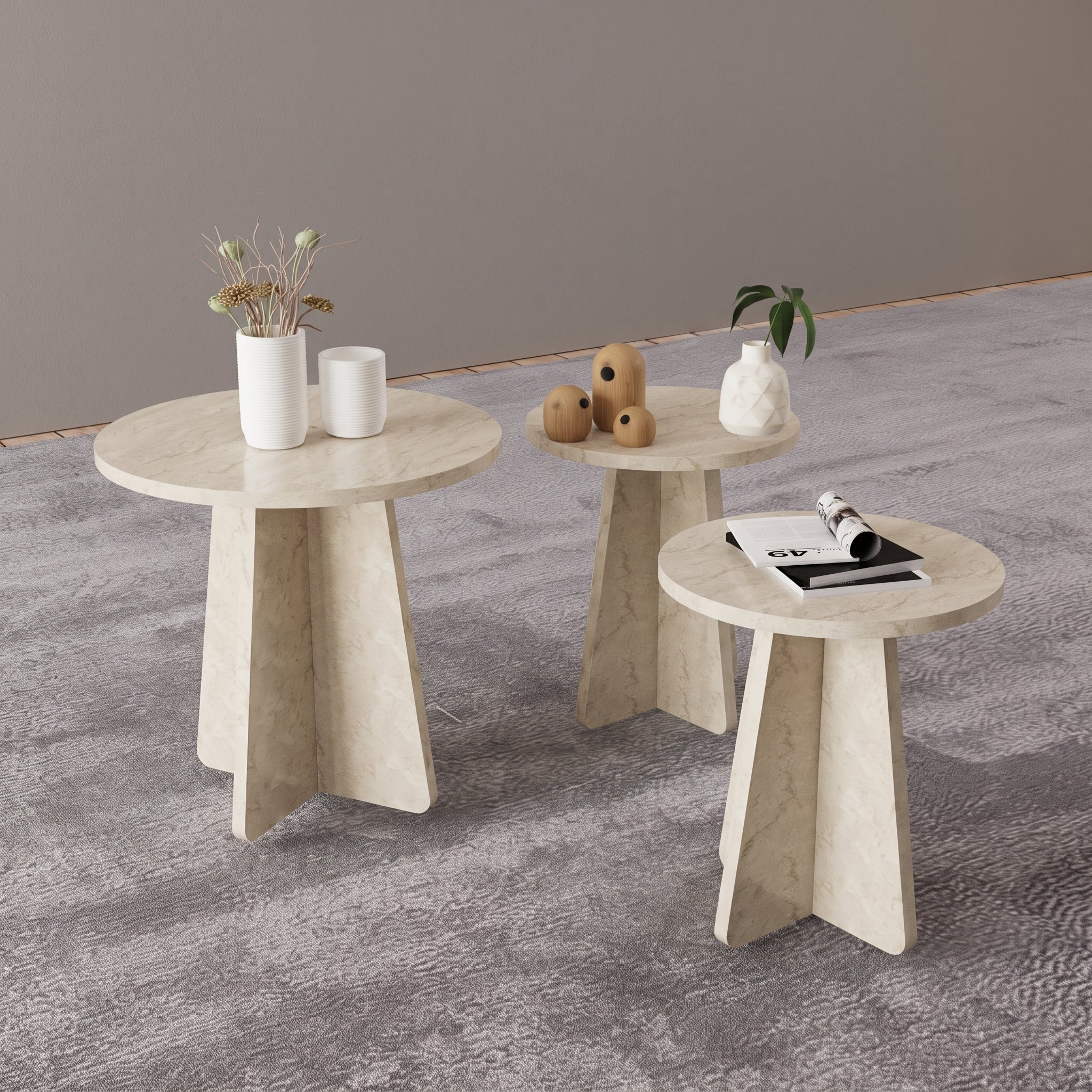 Scandinavian-Style Travertine-Look Mushroom Coffee Table Set – 3-Piece