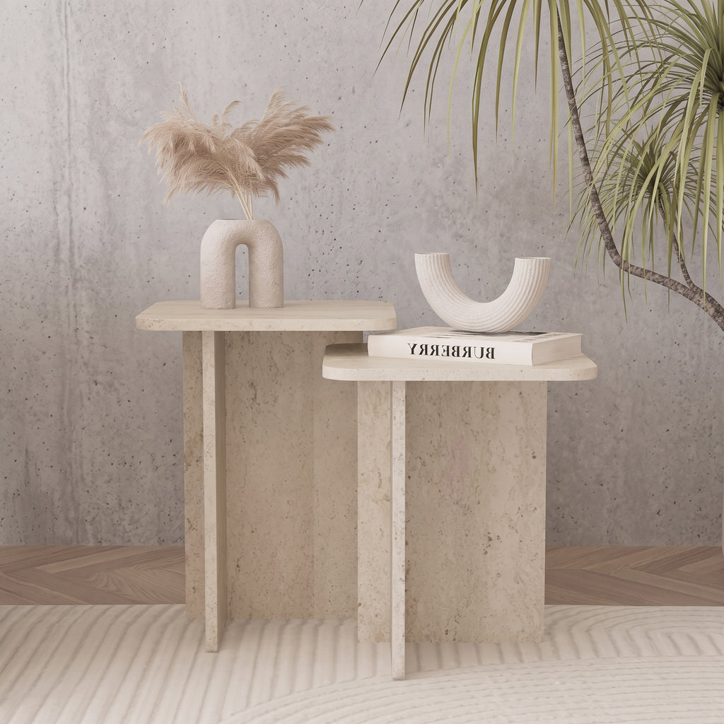 Square Travertine-Look Nesting Coffee Table Set of 2 – Modern Side Tables